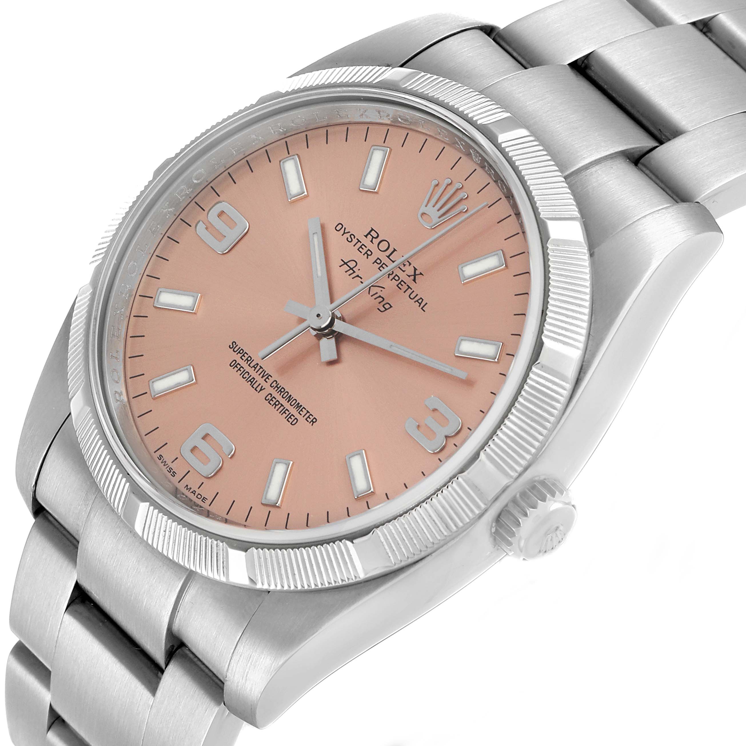 The Rolex Air-King 114210 Men's Stainless Steel Pink Dial watch is shown at a slight angle, highlighting the dial, bezel, crown, and part of the bracelet.
