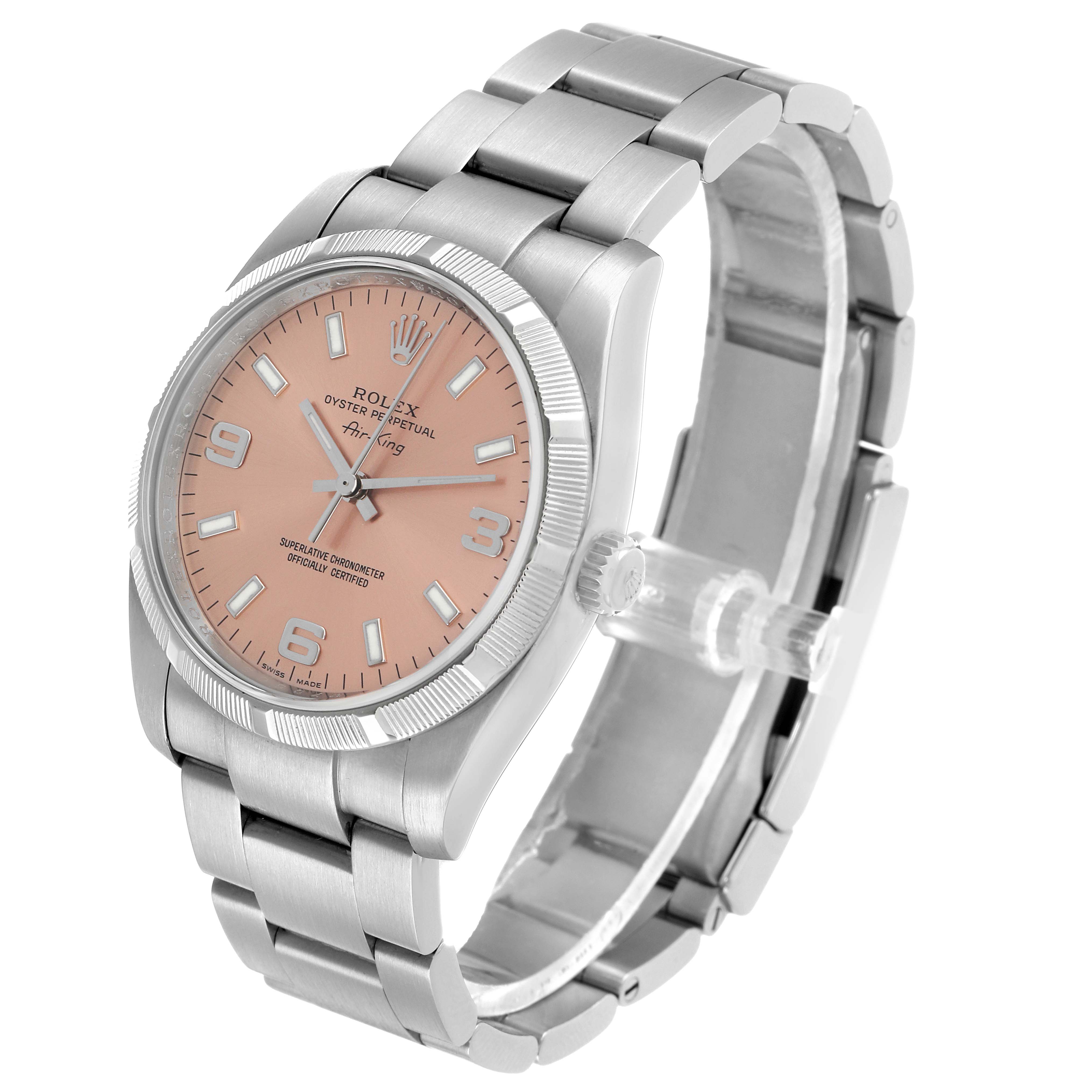 The Rolex Air-King 114210 Men's Stainless Steel Pink Dial watch is shown at a three-quarter angle, highlighting the face, bezel, crown, and partially open bracelet.