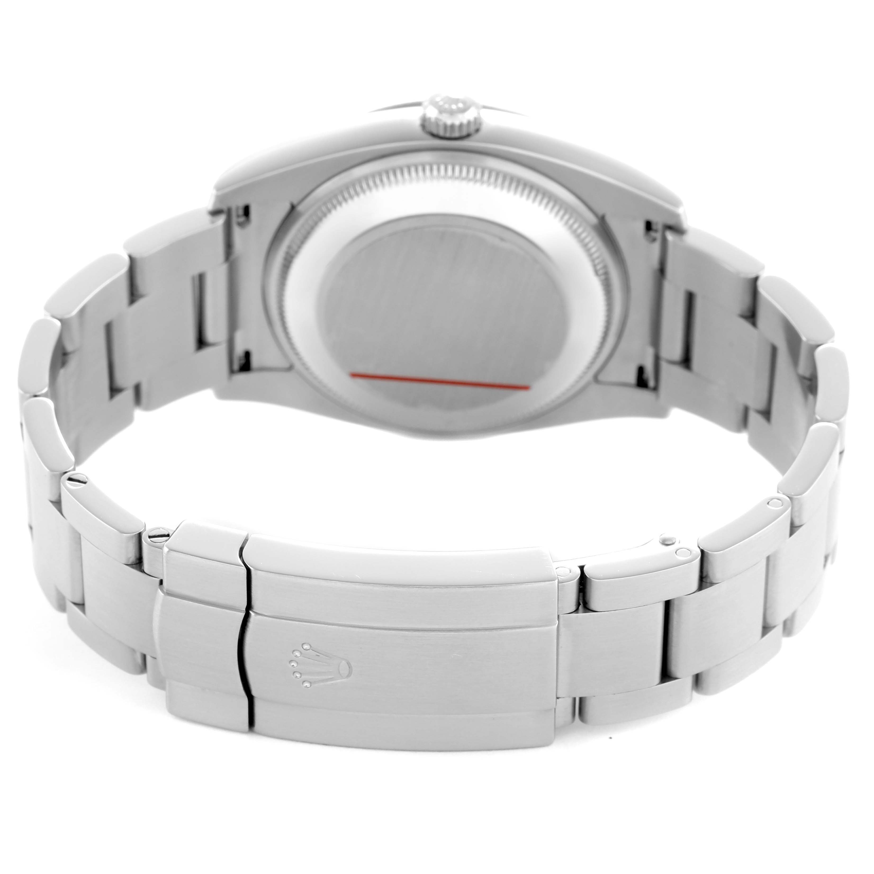 The Rolex Air-King 114210 Men's Stainless Steel Pink Dial watch is shown from the back, displaying the case back, bracelet, and clasp.