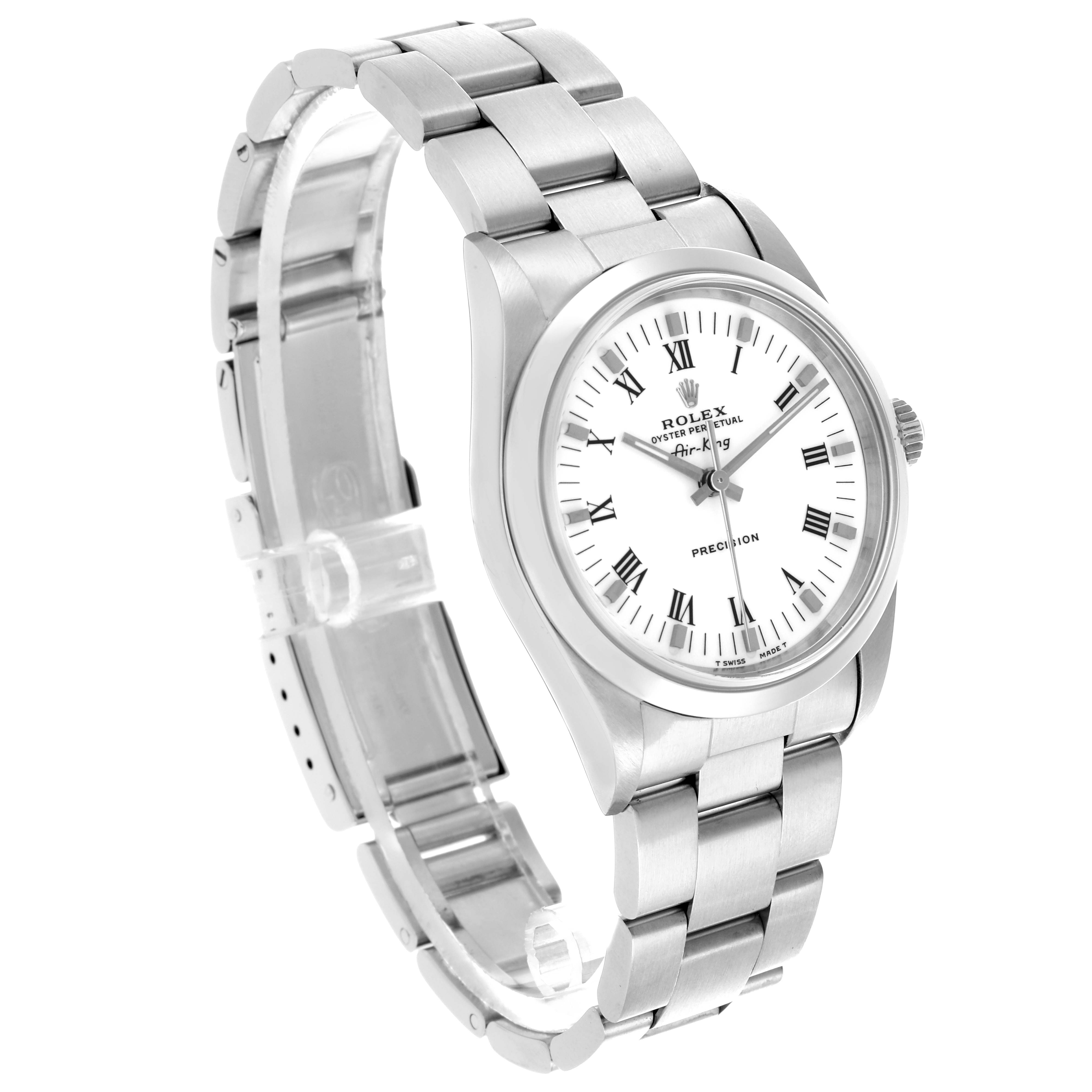 The Rolex Air-King 14000 Men's Stainless Steel White Dial 14000 Men's Stainless Steel White Dial watch is shown from a three-quarter angle, displaying the face, bezel, and bracelet.