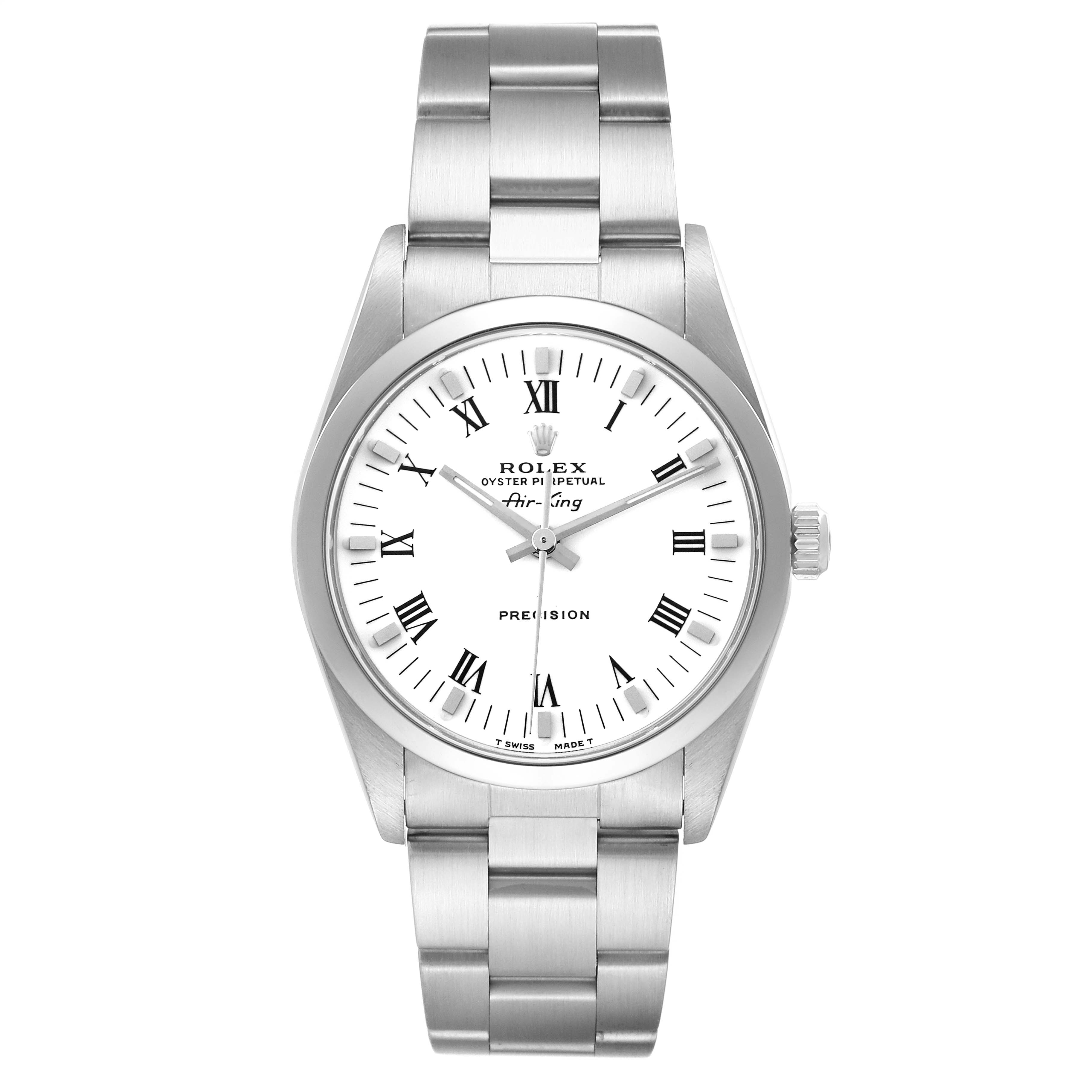 The Rolex Air-King 14000 Men's Stainless Steel White Dial 14000 Men's Stainless Steel White Dial watch is shown from a front angle, displaying the dial, hands, bezel, and bracelet.