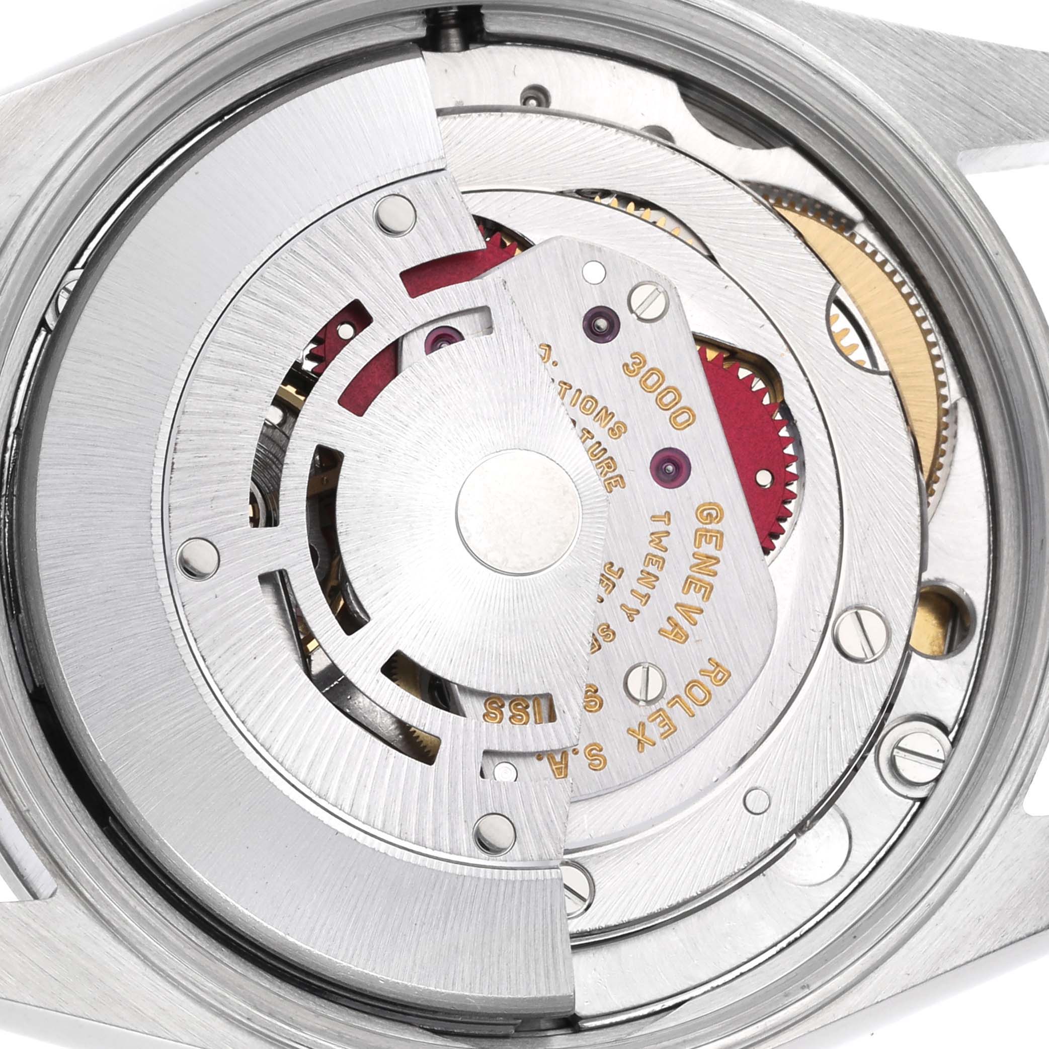 The image shows a close-up of the Rolex Air-King 14000 Men's Stainless Steel White Dial 14000 Men's Stainless Steel White Dial watch movement from a top-down angle.