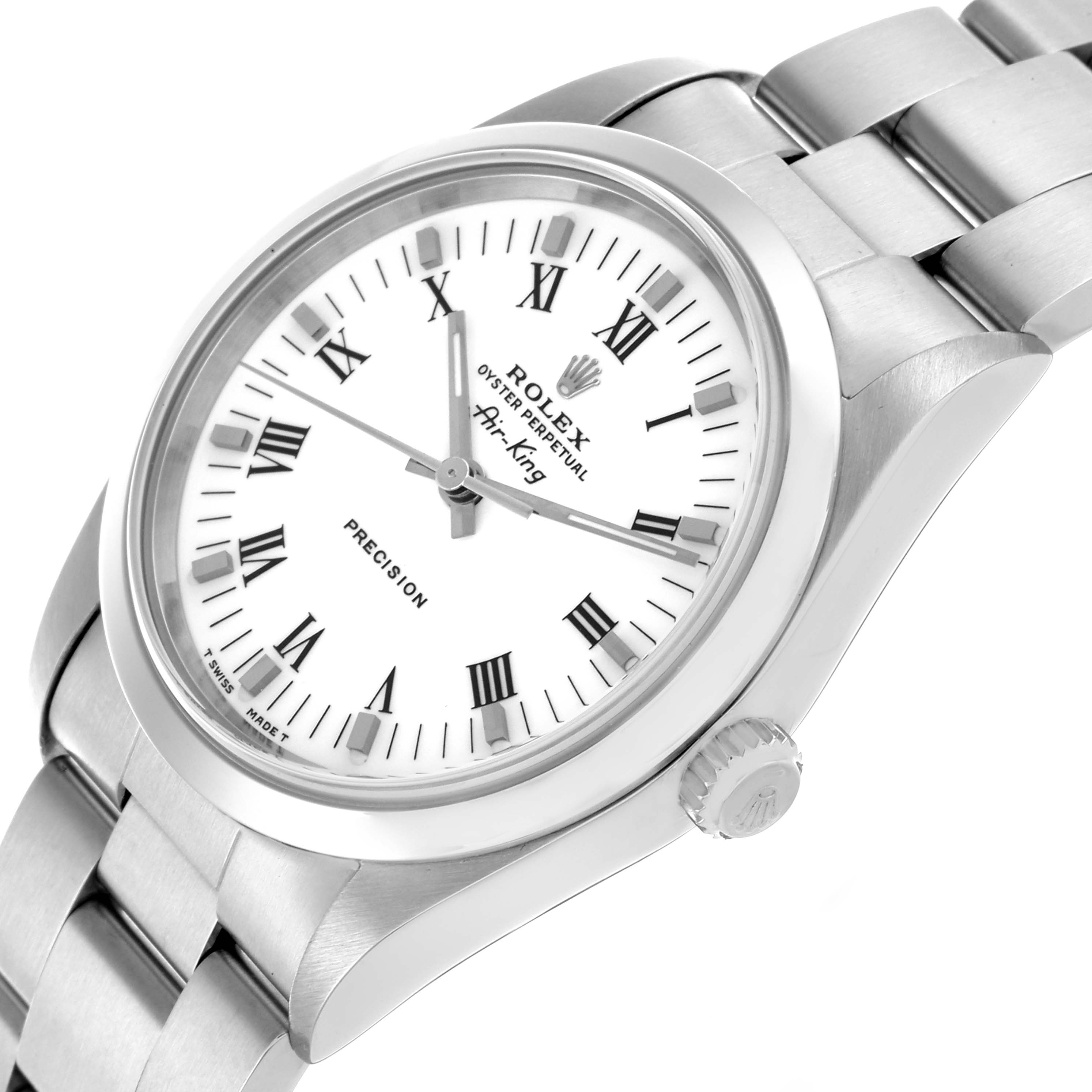 The Rolex Air-King 14000 Men's Stainless Steel White Dial 14000 Men's Stainless Steel White Dial watch is shown from an oblique top angle, highlighting the face, bezel, crown, and part of the bracelet.