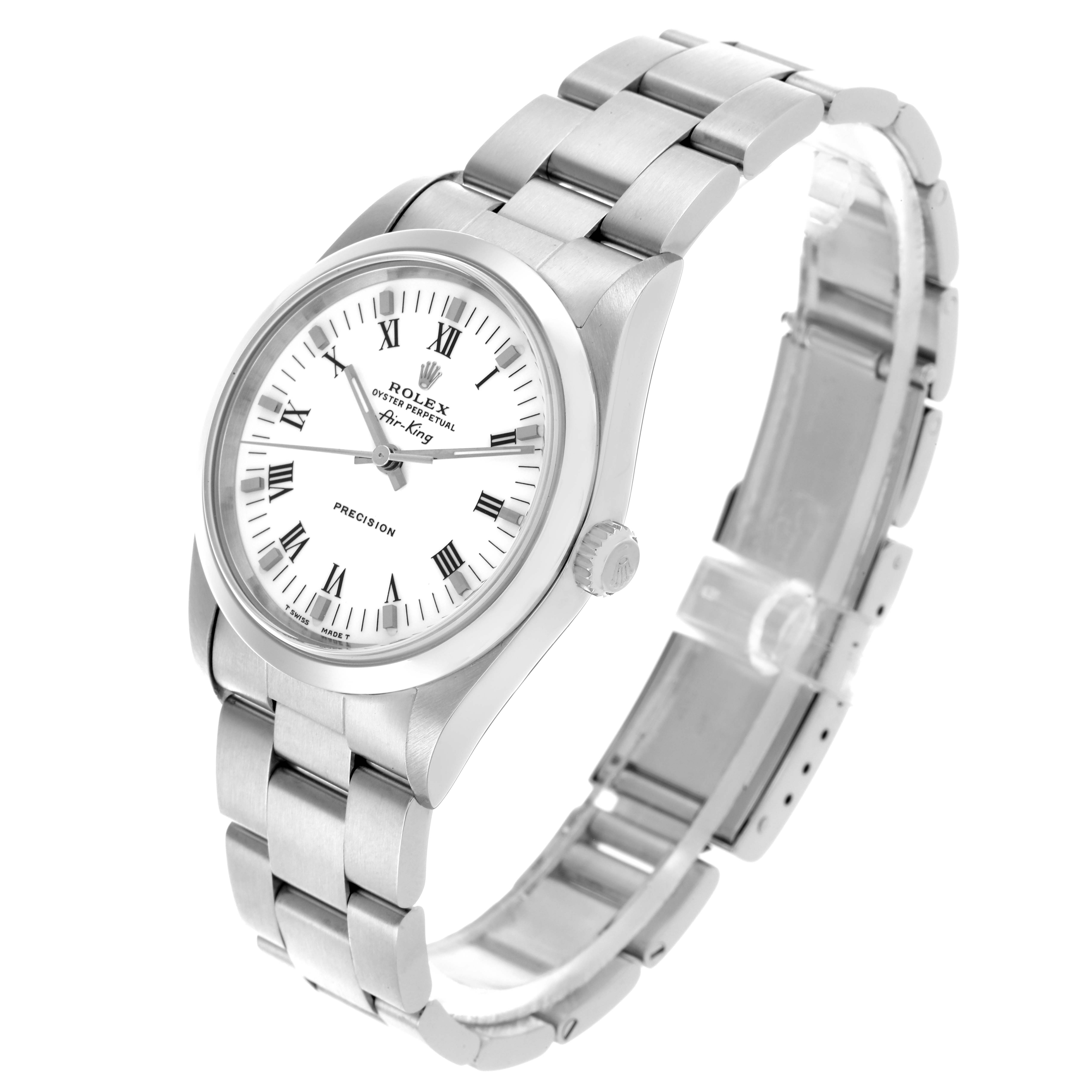 The Rolex Air-King 14000 Men's Stainless Steel White Dial 14000 Men's Stainless Steel White Dial watch is shown from an angled side view, displaying its dial, bezel, crown, and metal bracelet.