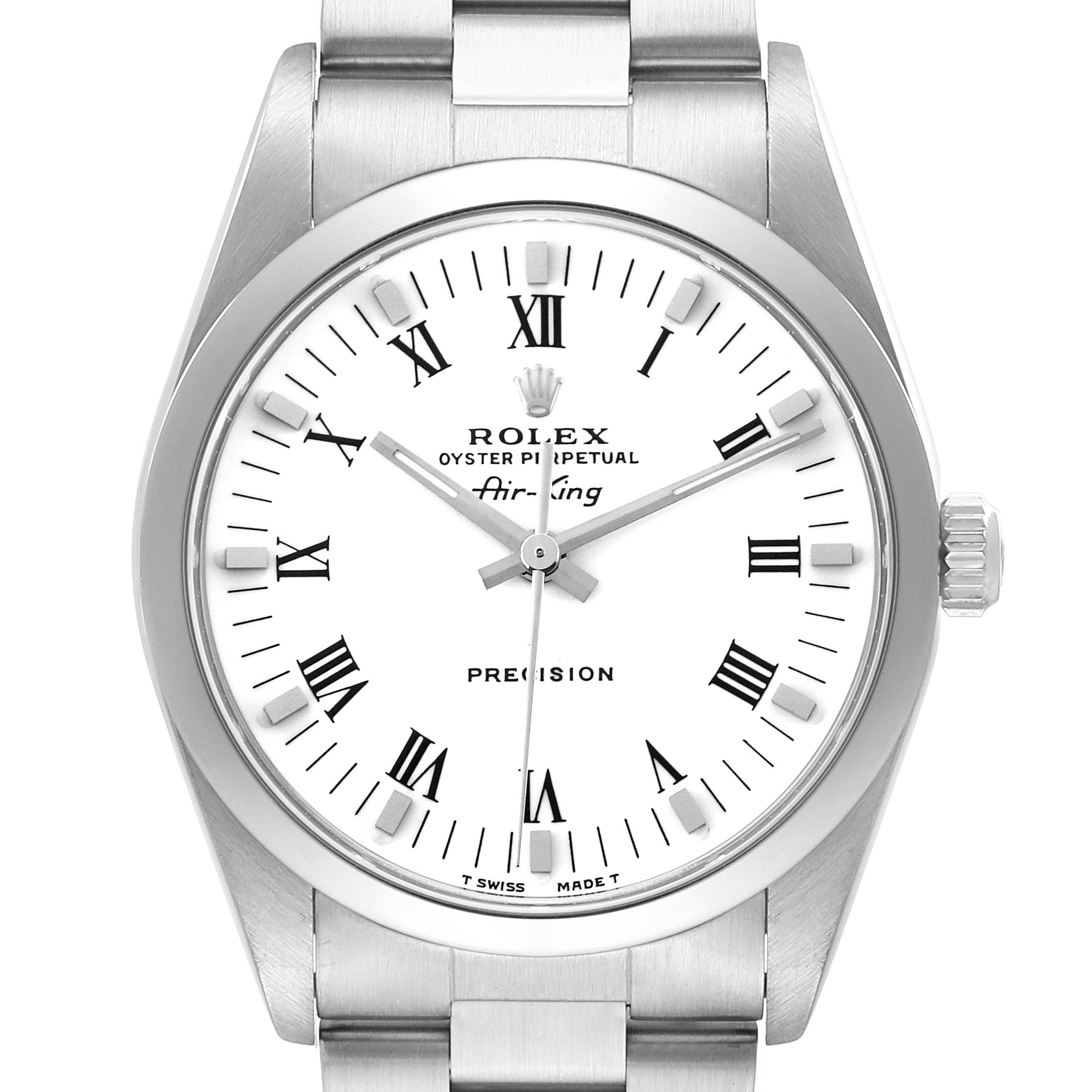 The Rolex Air-King 14000 Men's Stainless Steel White Dial 14000 Men's Stainless Steel White Dial watch is shown from the front, highlighting the dial, bezel, and part of the bracelet.
