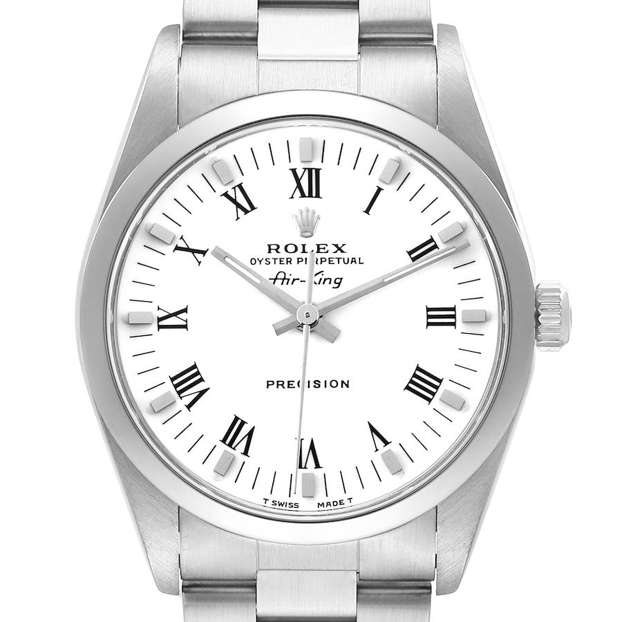 The Rolex Air-King watch is shown from the front, highlighting the dial, bezel, and part of the bracelet.