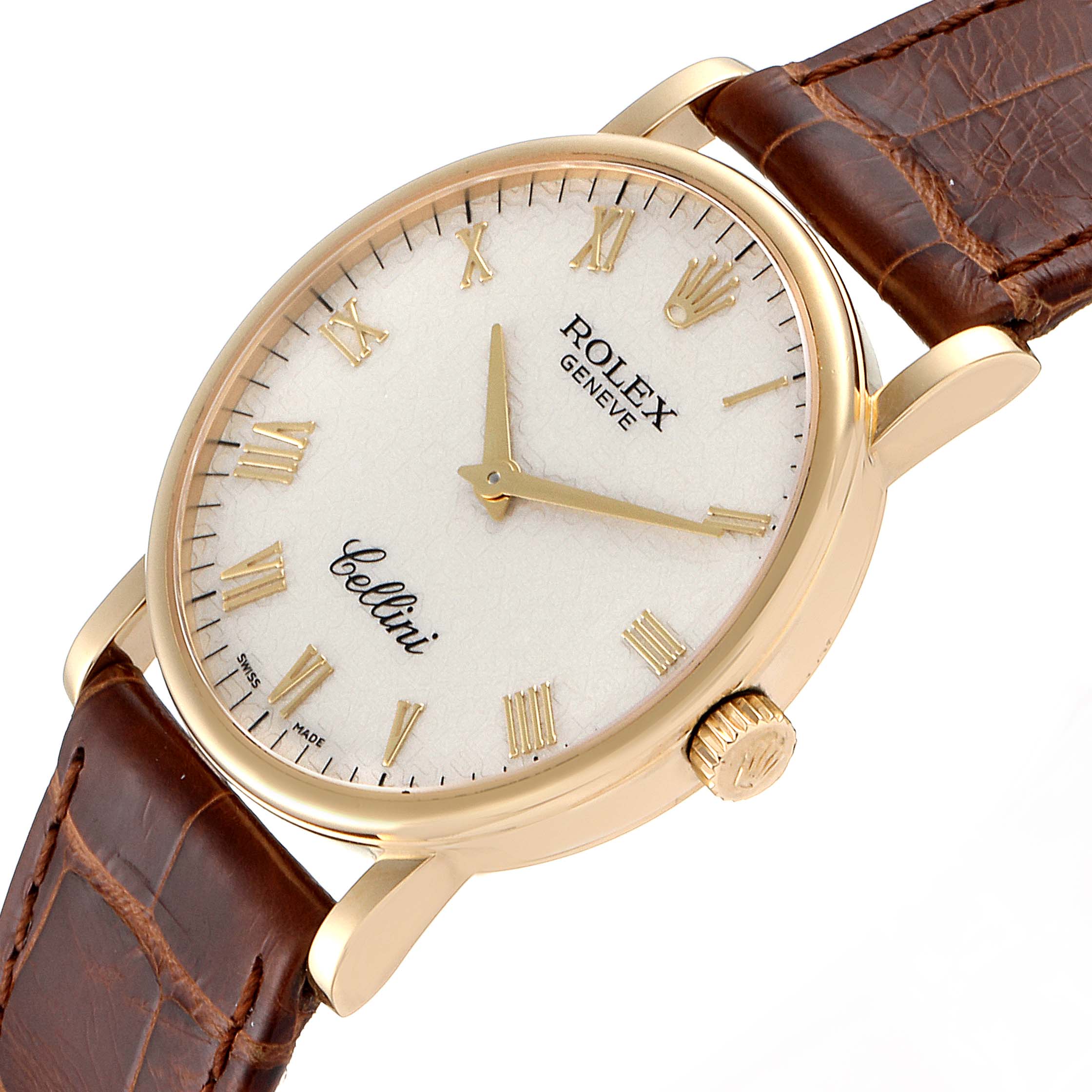 The Rolex Cellini 5115 Men's Yellow Gold Beige Dial 5115 Men's Yellow Gold Beige Dial watch is shown at an angled side view, highlighting the dial, crown, and leather strap.