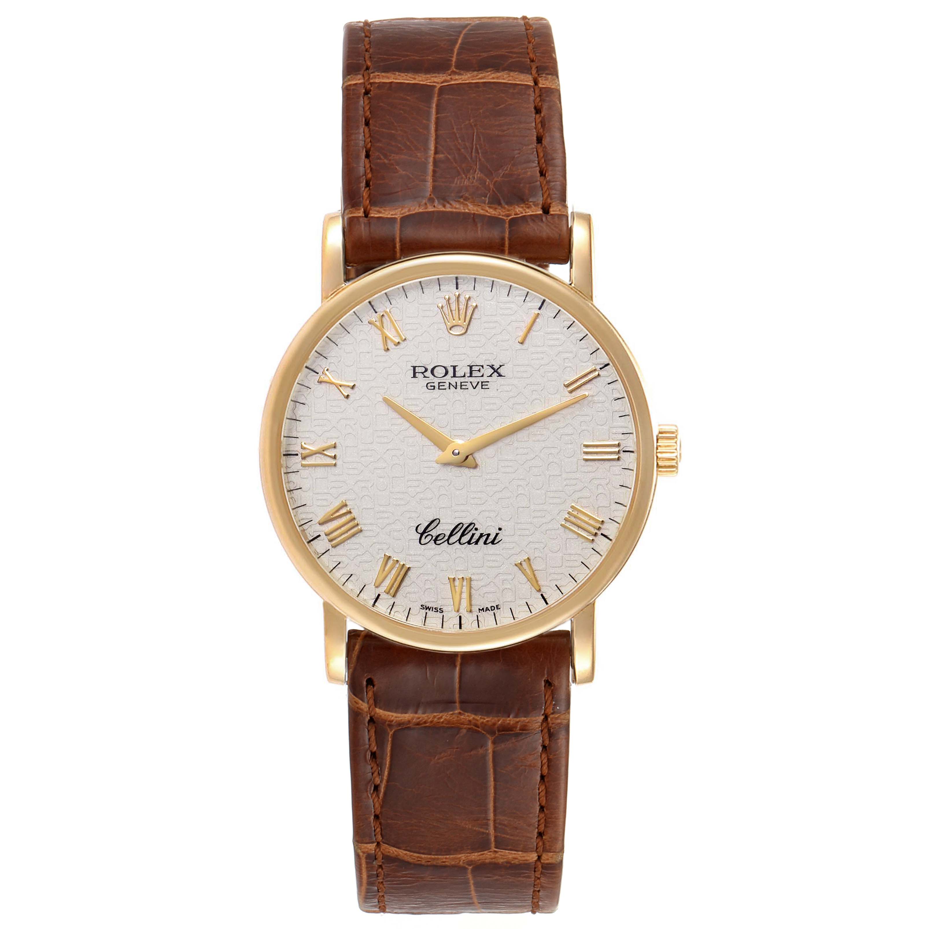 Front view of a Rolex Cellini 5115 Men's Yellow Gold Beige Dial 5115 Men's Yellow Gold Beige Dial watch showcasing the dial, hands, and brown leather strap.