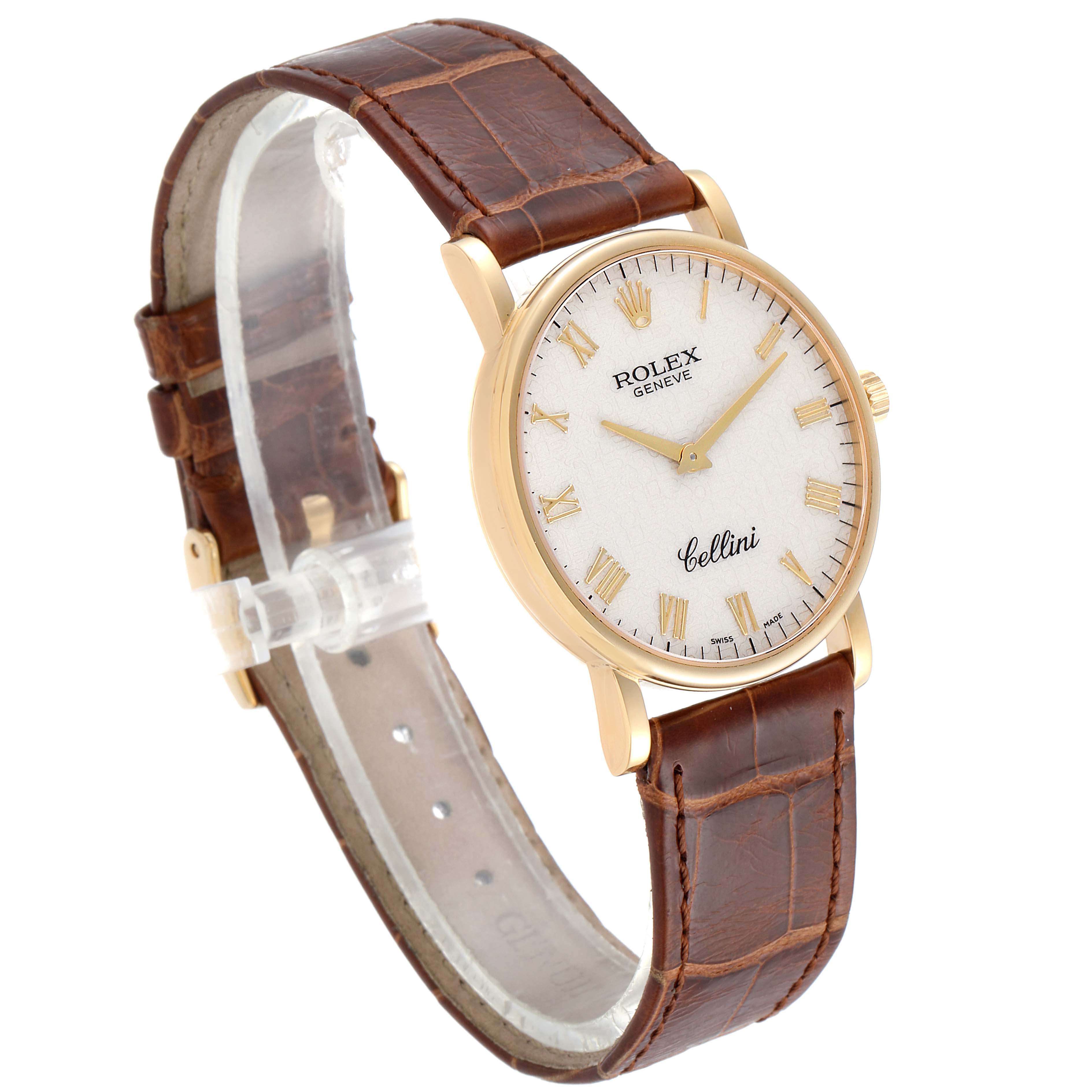This image shows a Rolex Cellini 5115 Men's Yellow Gold Beige Dial 5115 Men's Yellow Gold Beige Dial watch from an angled side view, highlighting the strap, watch face, and gold casing.