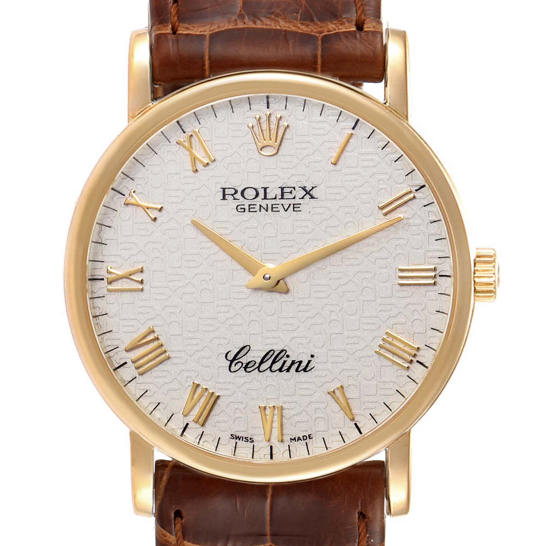 The image shows a close-up frontal view of a Rolex Cellini 5115 Men's Yellow Gold Beige Dial 5115 Men's Yellow Gold Beige Dial watch, displaying its face, hands, crown, and brown leather strap.