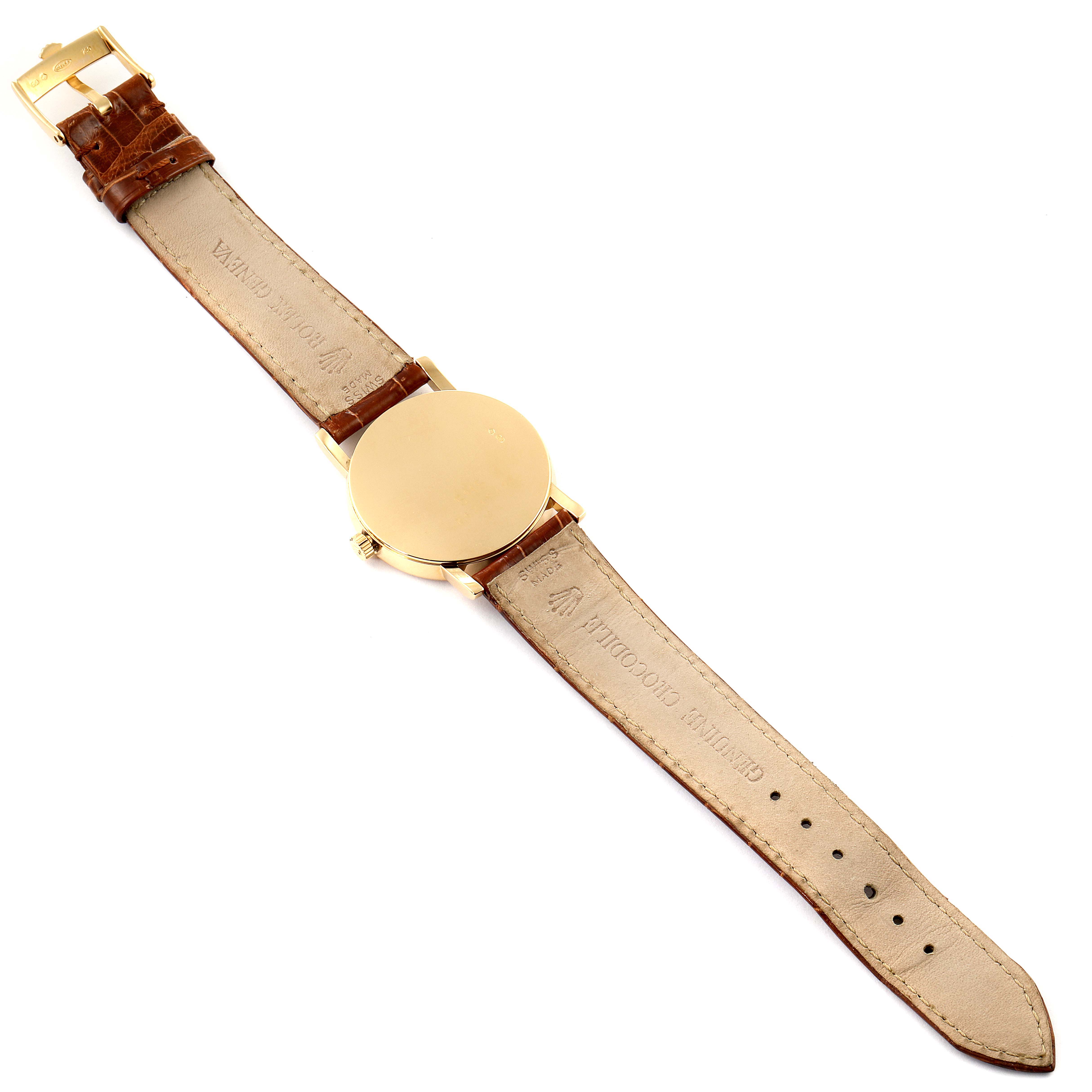 The image shows the back view of a Rolex Cellini 5115 Men's Yellow Gold Beige Dial 5115 Men's Yellow Gold Beige Dial watch, displaying the leather strap and the closed caseback.