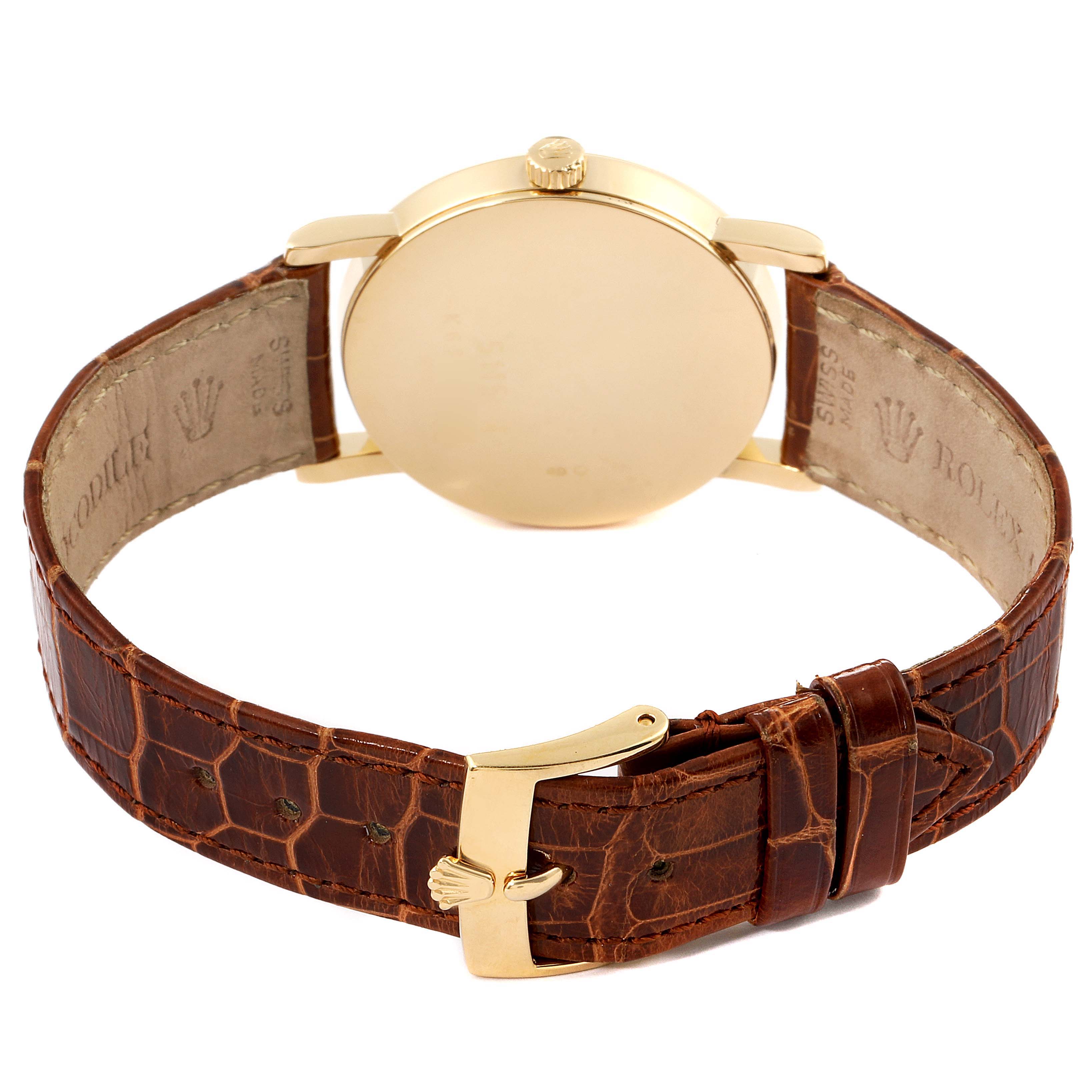 This image shows the back view of a Rolex Cellini 5115 Men's Yellow Gold Beige Dial 5115 Men's Yellow Gold Beige Dial watch with a brown leather strap and gold buckle.