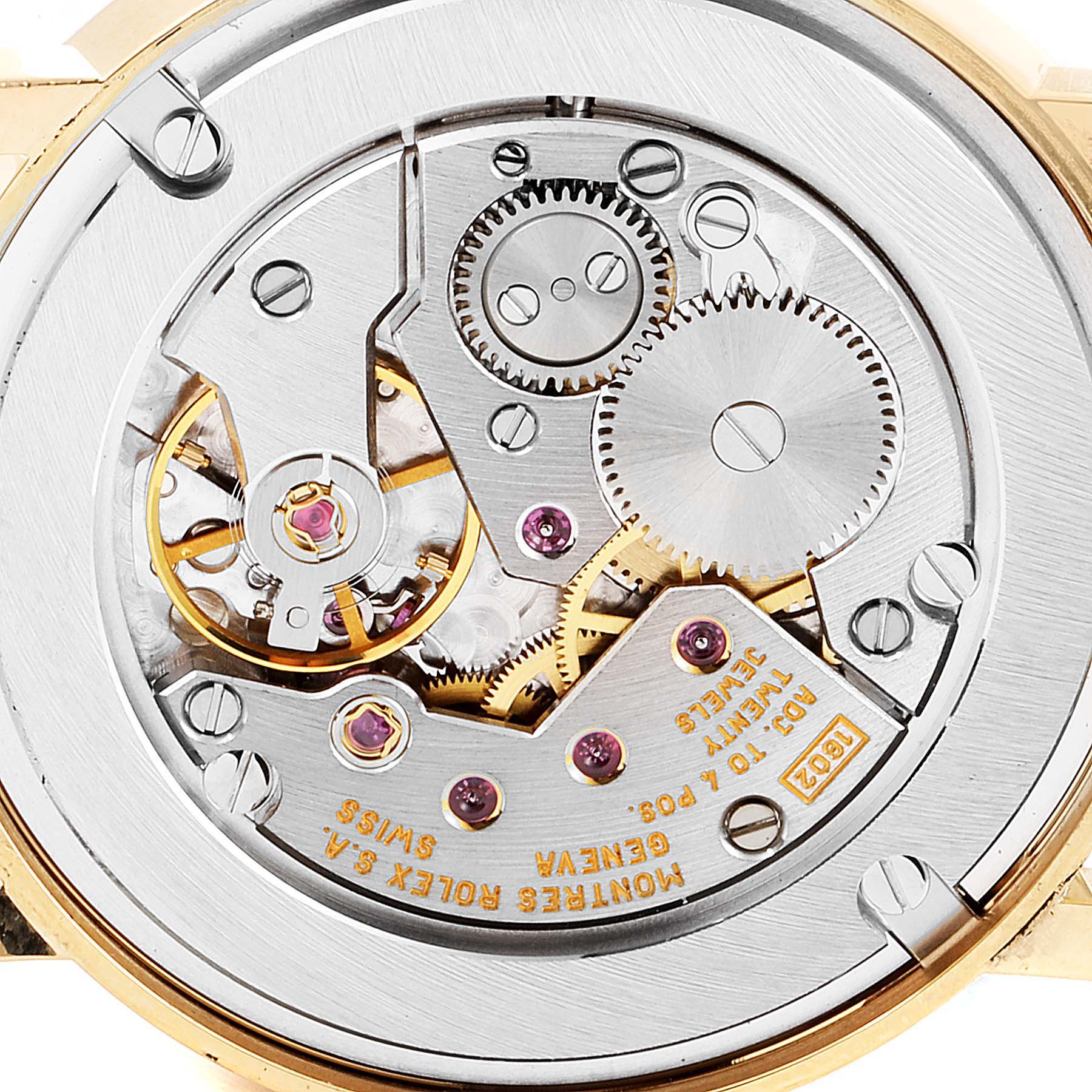 This image shows a close-up of the movement mechanism of a Rolex Cellini 5115 Men's Yellow Gold Beige Dial 5115 Men's Yellow Gold Beige Dial watch.