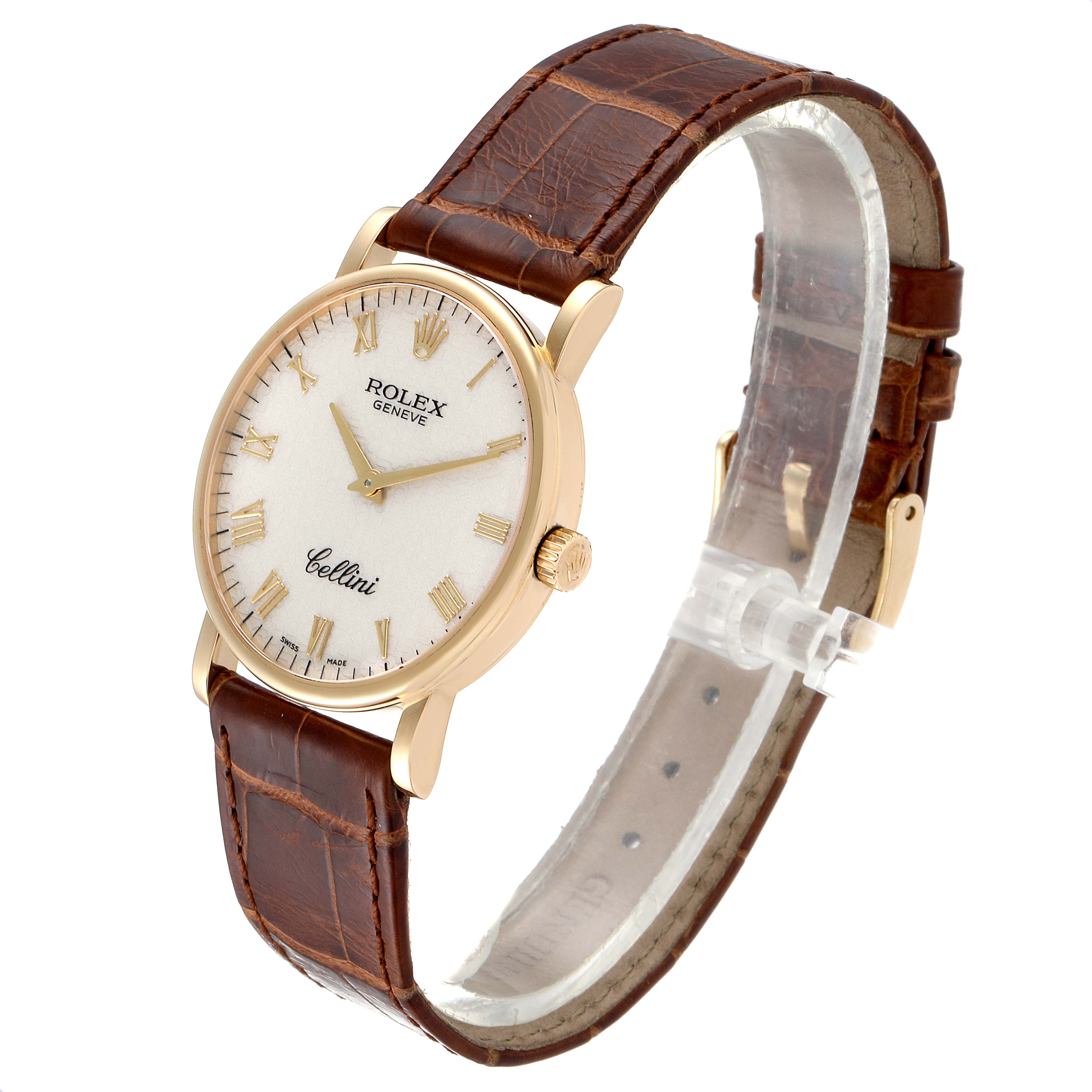 The Rolex Cellini 5115 Men's Yellow Gold Beige Dial 5115 Men's Yellow Gold Beige Dial watch is shown at a slight angle from the front-left, displaying the dial, case, crown, and leather strap.