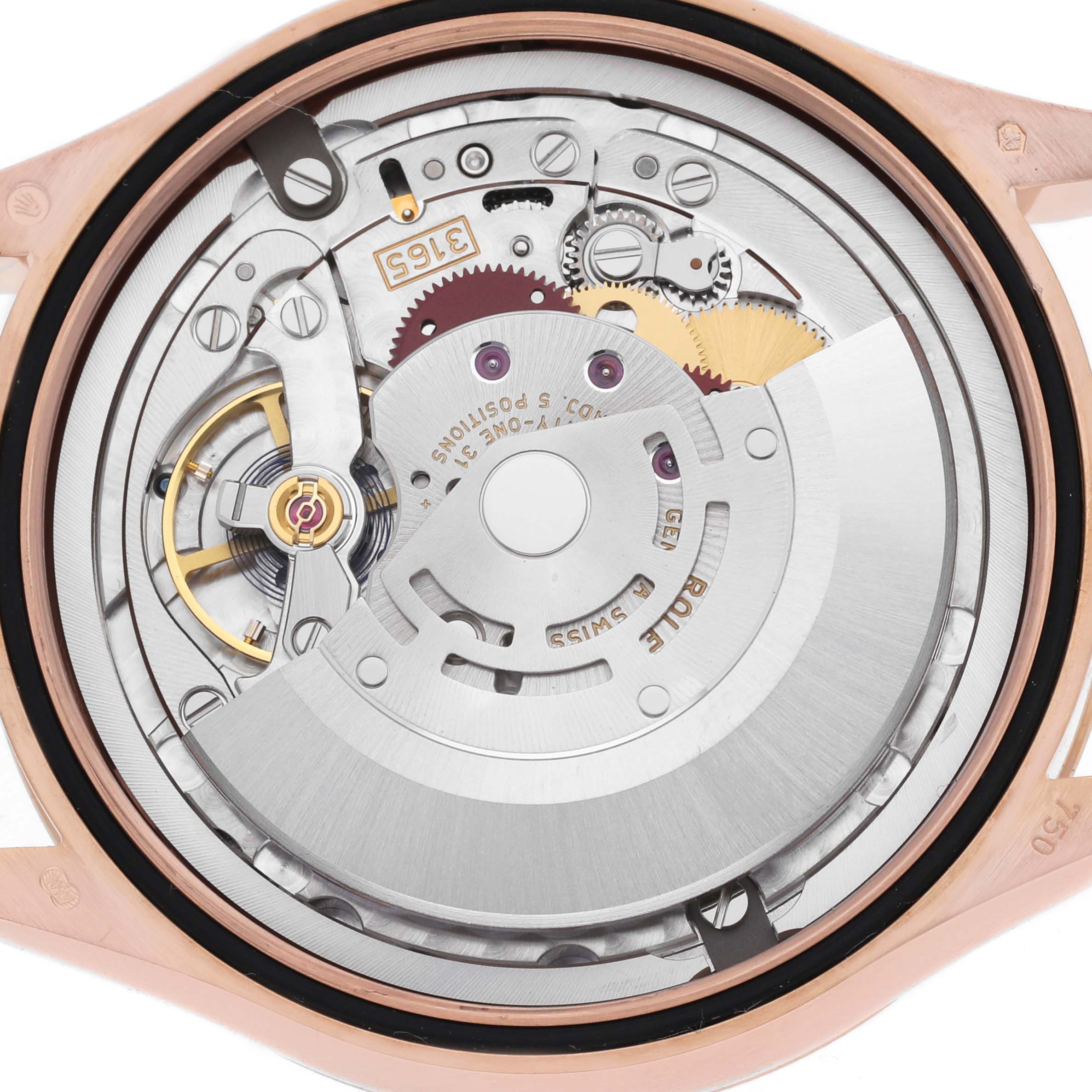 The image shows the open case back of a Rolex Cellini 50515 Men's Rose Gold Black Dial model, revealing the intricate movement and mechanism components.