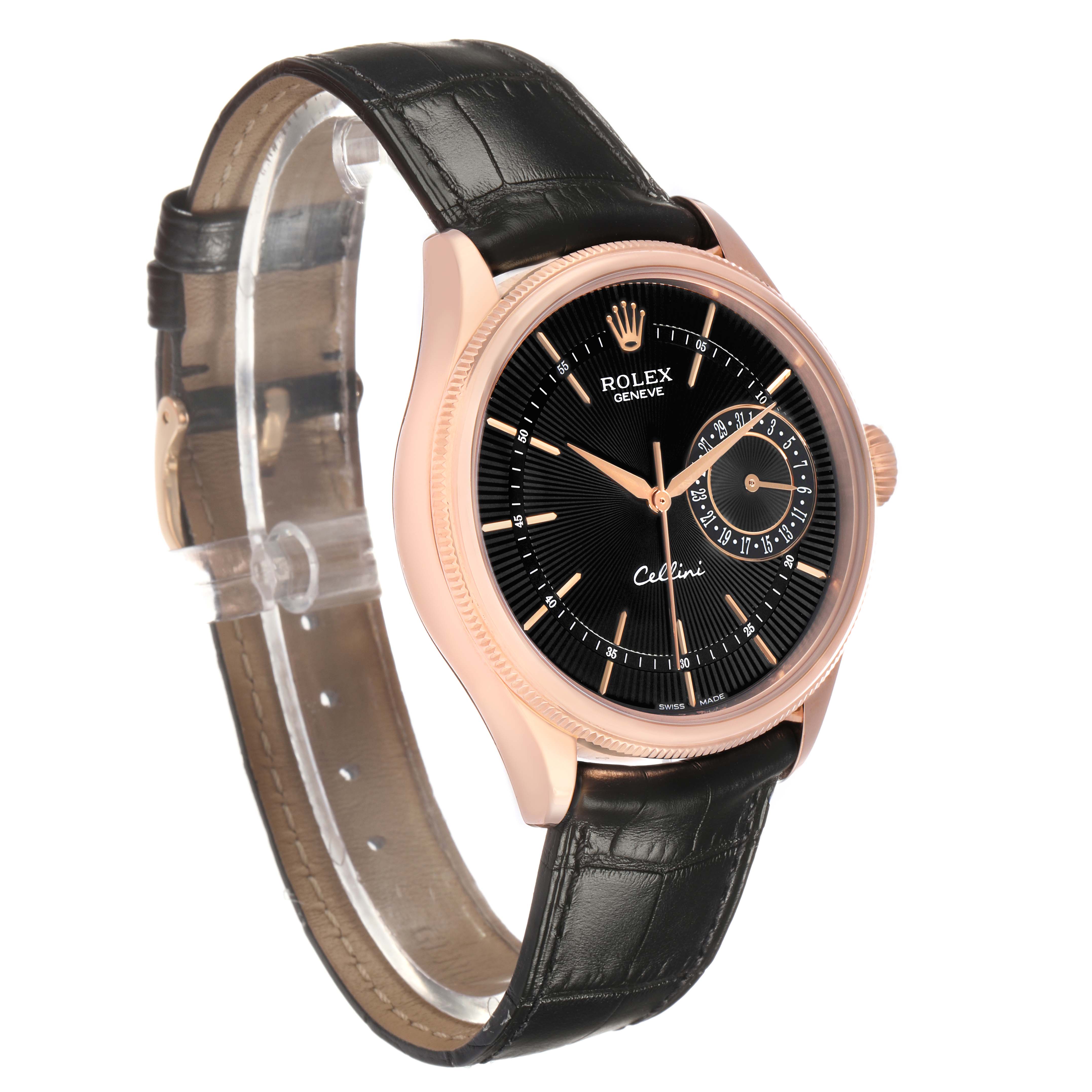 The image shows a Rolex Cellini 50515 Men's Rose Gold Black Dial watch at a three-quarter angle, highlighting the black dial, rose gold case, and black leather strap.