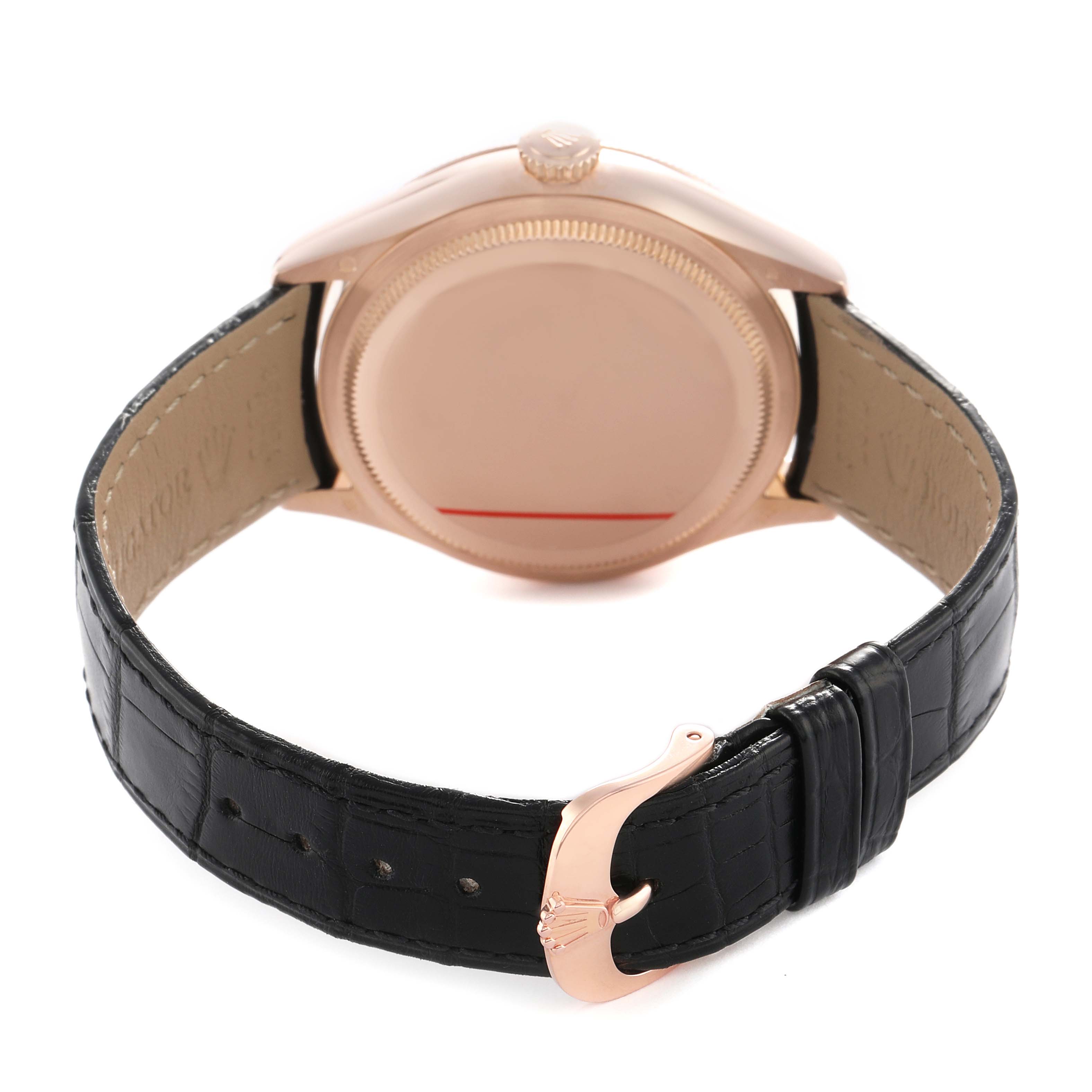 The image shows the back view of a Rolex Cellini 50515 Men's Rose Gold Black Dial with a focus on the case back and leather strap with a buckle.