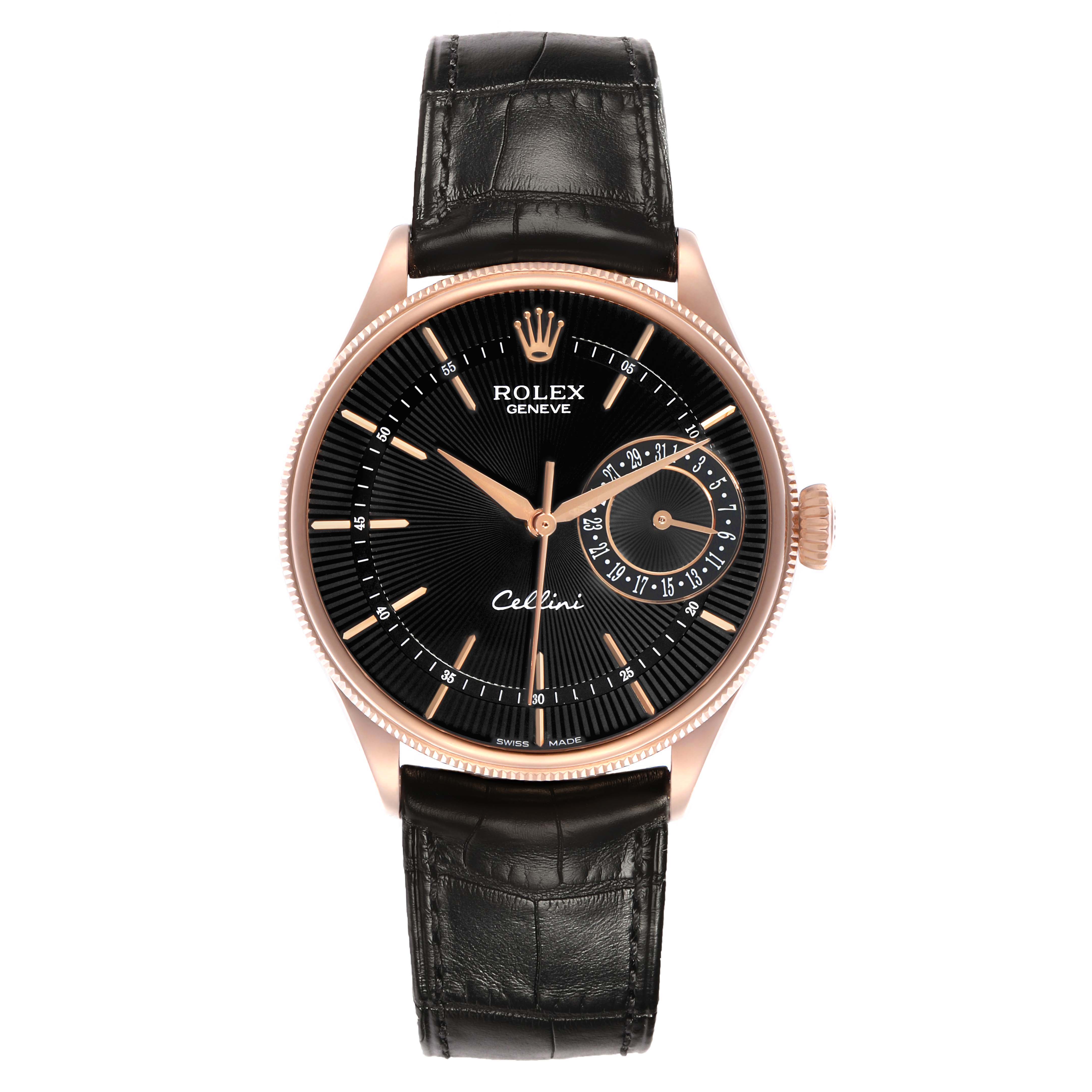 The Rolex Cellini 50515 Men's Rose Gold Black Dial watch is shown from a straight-on angle, highlighting the black dial, rose gold case, and leather strap.