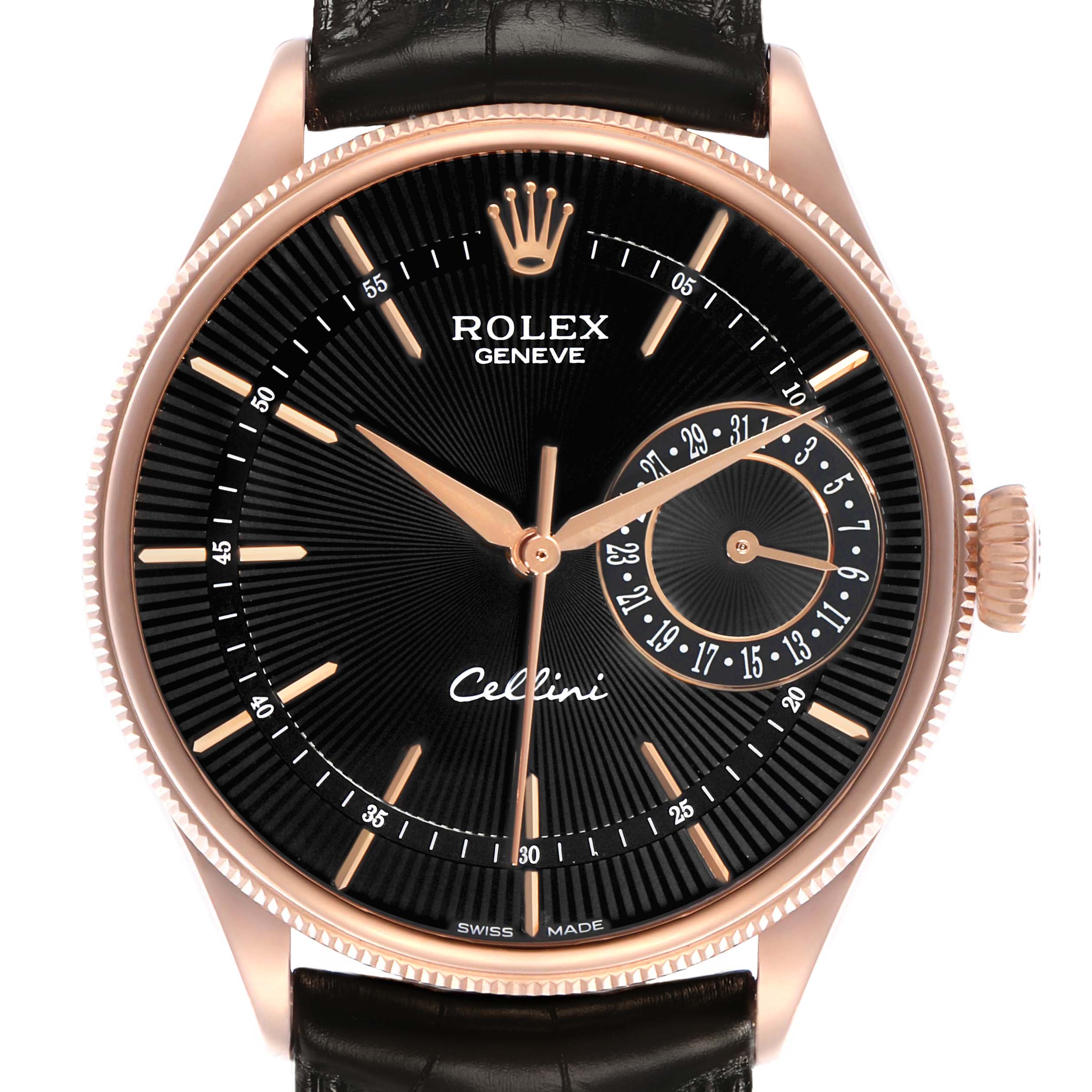 The Rolex Cellini 50515 Men's Rose Gold Black Dial watch is shown from a front angle, highlighting the dial, hands, crown, and a portion of the leather strap.