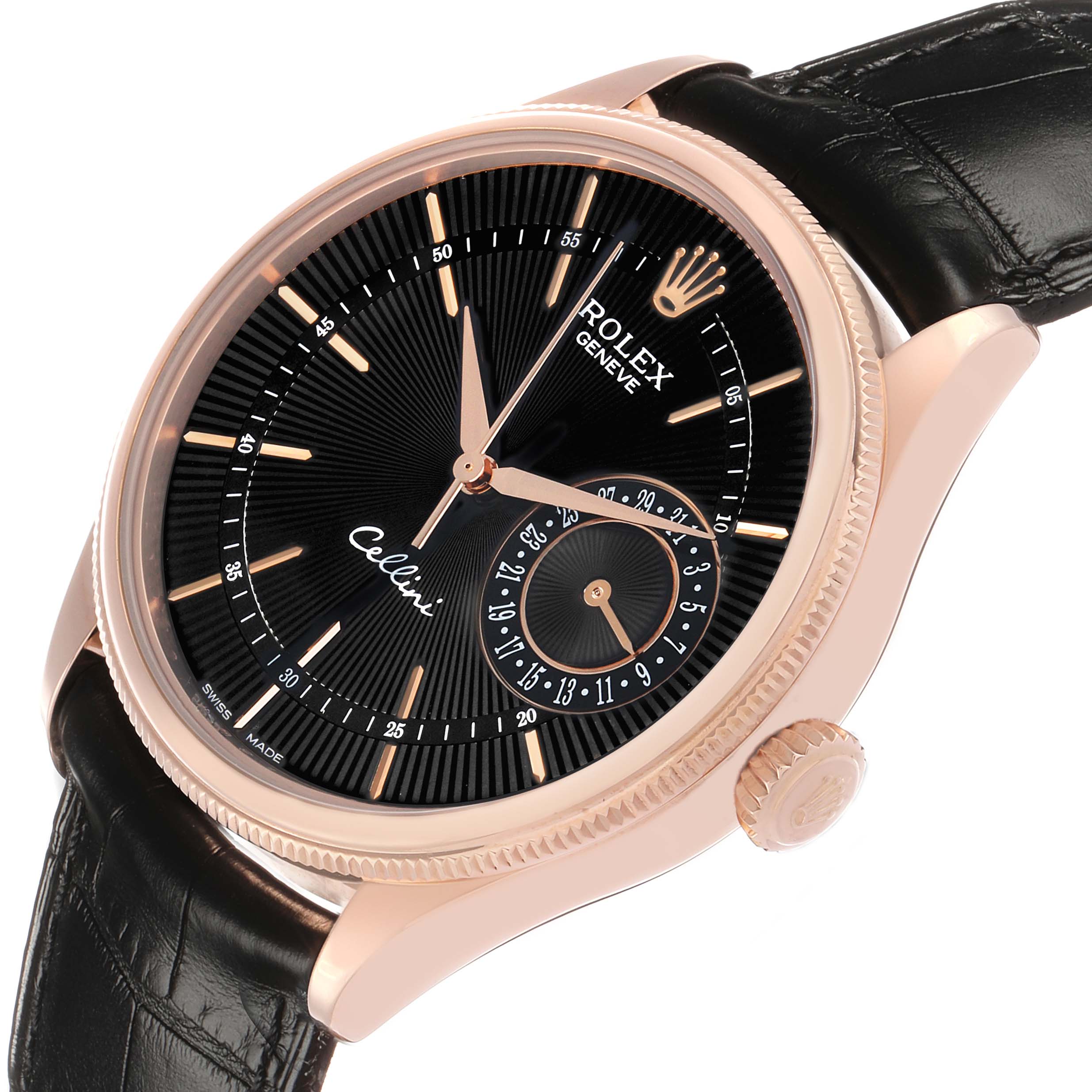 The Rolex Cellini 50515 Men's Rose Gold Black Dial watch is shown at a slight angle highlighting the dial, crown, and black leather strap.