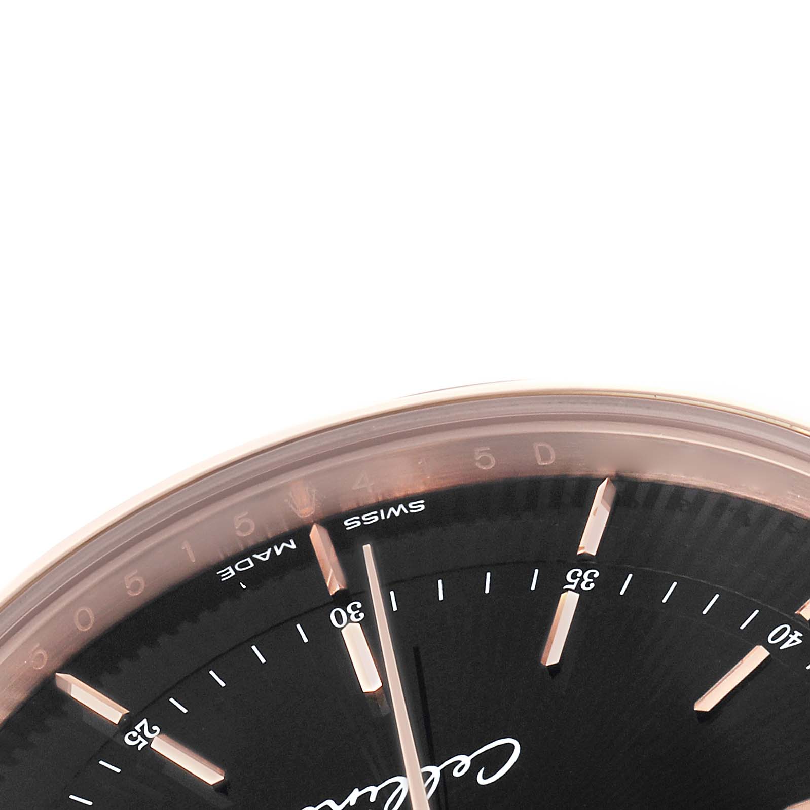 The image shows a close-up of the dial on a Rolex Cellini 50515 Men's Rose Gold Black Dial, focusing on the minute markers and part of the seconds hand.