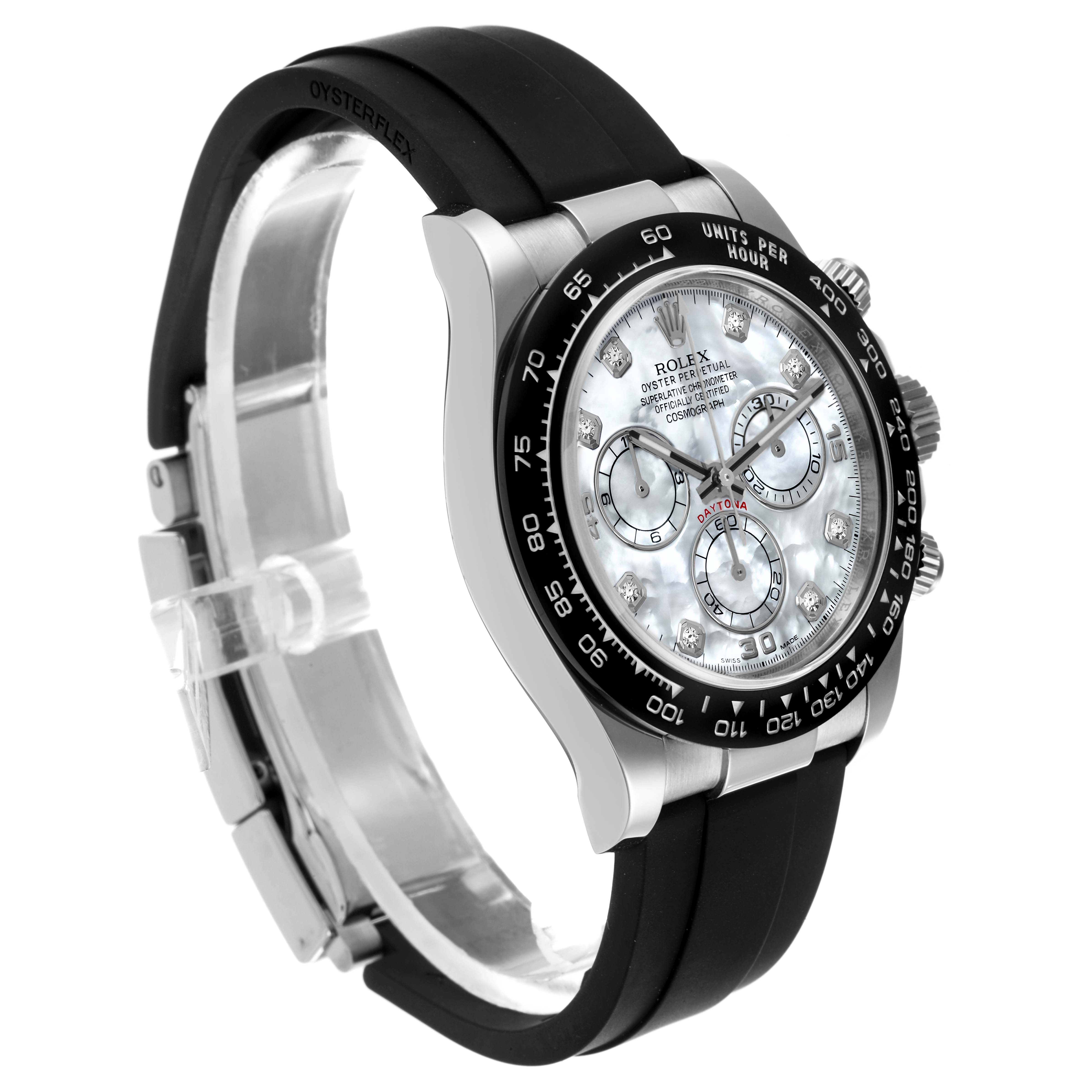 The Rolex Daytona 116519LN Men's White Gold Mother of Pearl Dial 116519LN Men's White Gold Mother of Pearl Dial watch is shown from an angled side view, displaying its face, bezel, crown, and Oysterflex strap.
