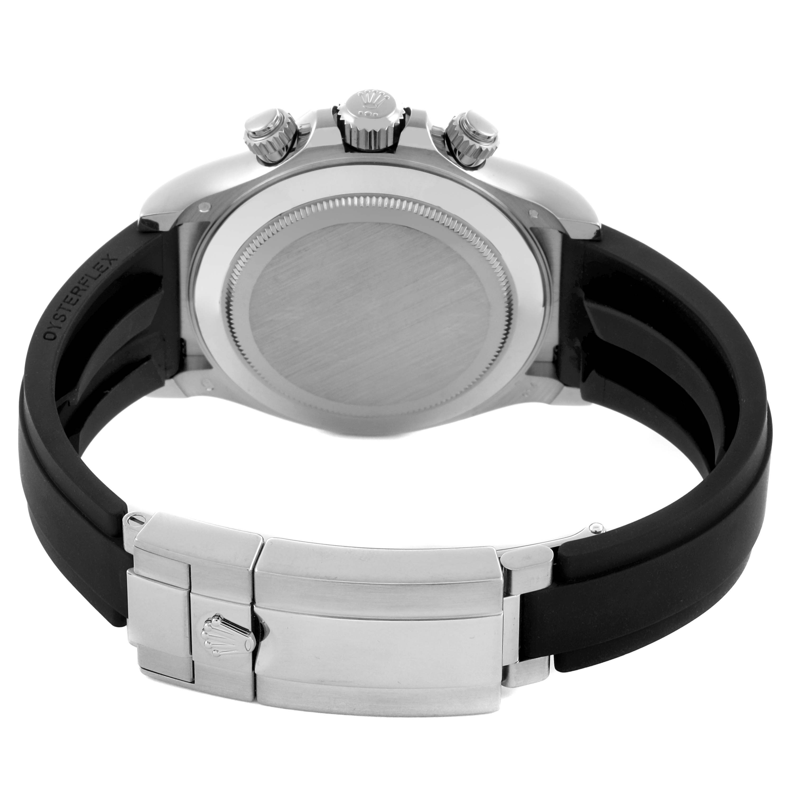 The image shows the back case and clasp of a Rolex Daytona 116519LN Men's White Gold Mother of Pearl Dial 116519LN Men's White Gold Mother of Pearl Dial watch, highlighting its Oysterflex strap.