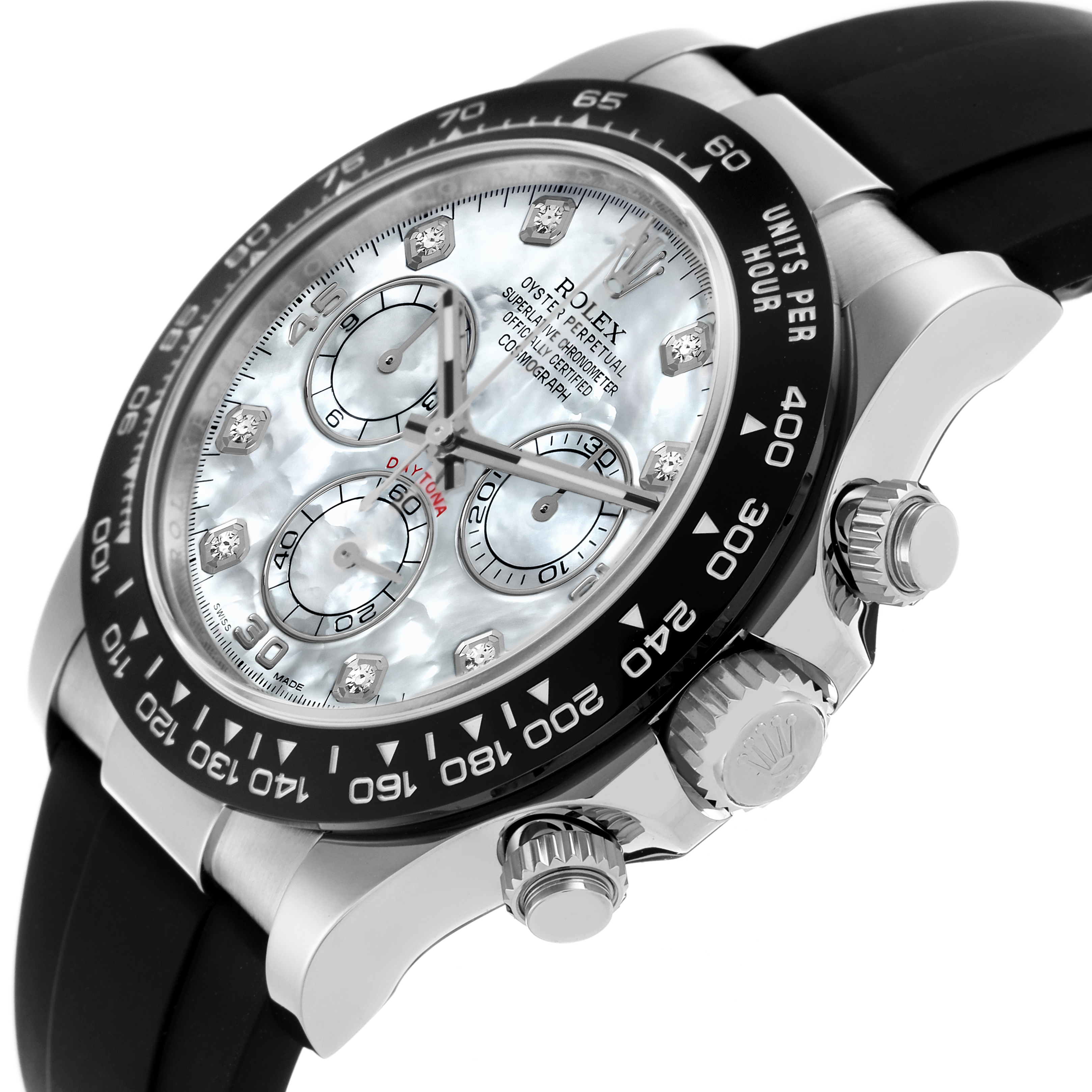 The Rolex Daytona 116519LN Men's White Gold Mother of Pearl Dial 116519LN Men's White Gold Mother of Pearl Dial watch is shown from a side angle, highlighting the bezel, dial, and pushers.