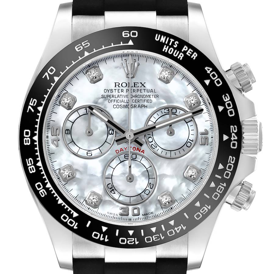 The Rolex Daytona watch is shown from the front, highlighting the face, bezel, subdials, and crown.