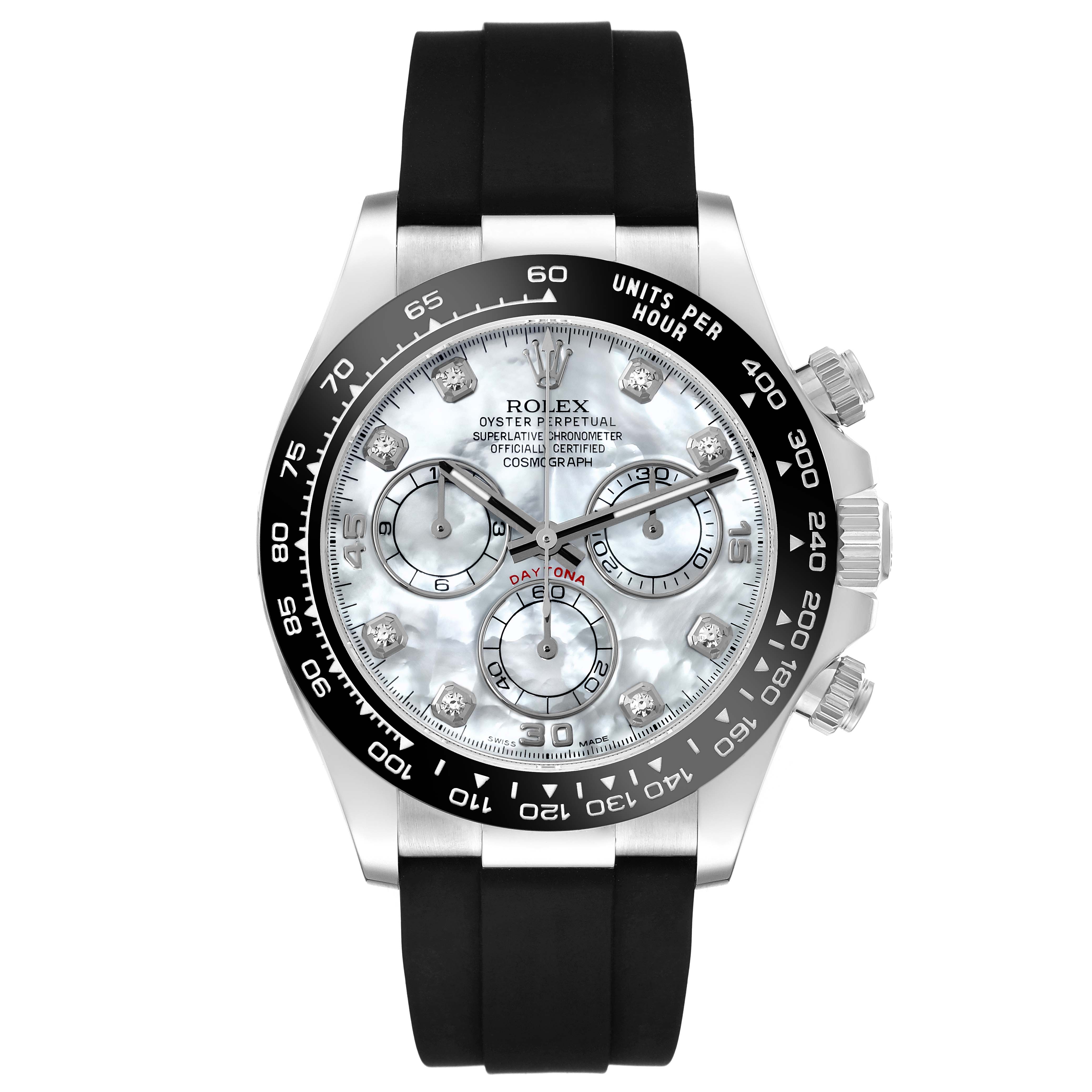 The image shows a frontal view of a Rolex Daytona 116519LN Men's White Gold Mother of Pearl Dial 116519LN Men's White Gold Mother of Pearl Dial watch with a black bezel and rubber strap.