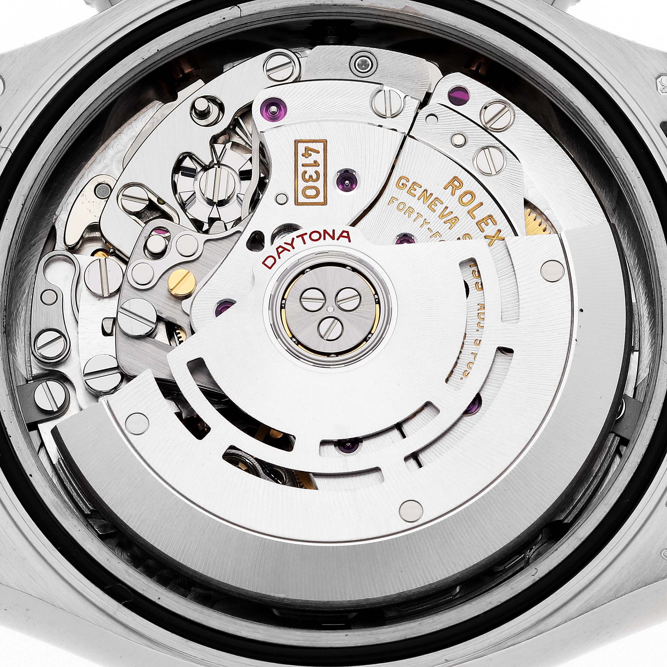 The image shows the movement of a Rolex Daytona 116519LN Men's White Gold Mother of Pearl Dial 116519LN Men's White Gold Mother of Pearl Dial watch from the back, highlighting gears and components.