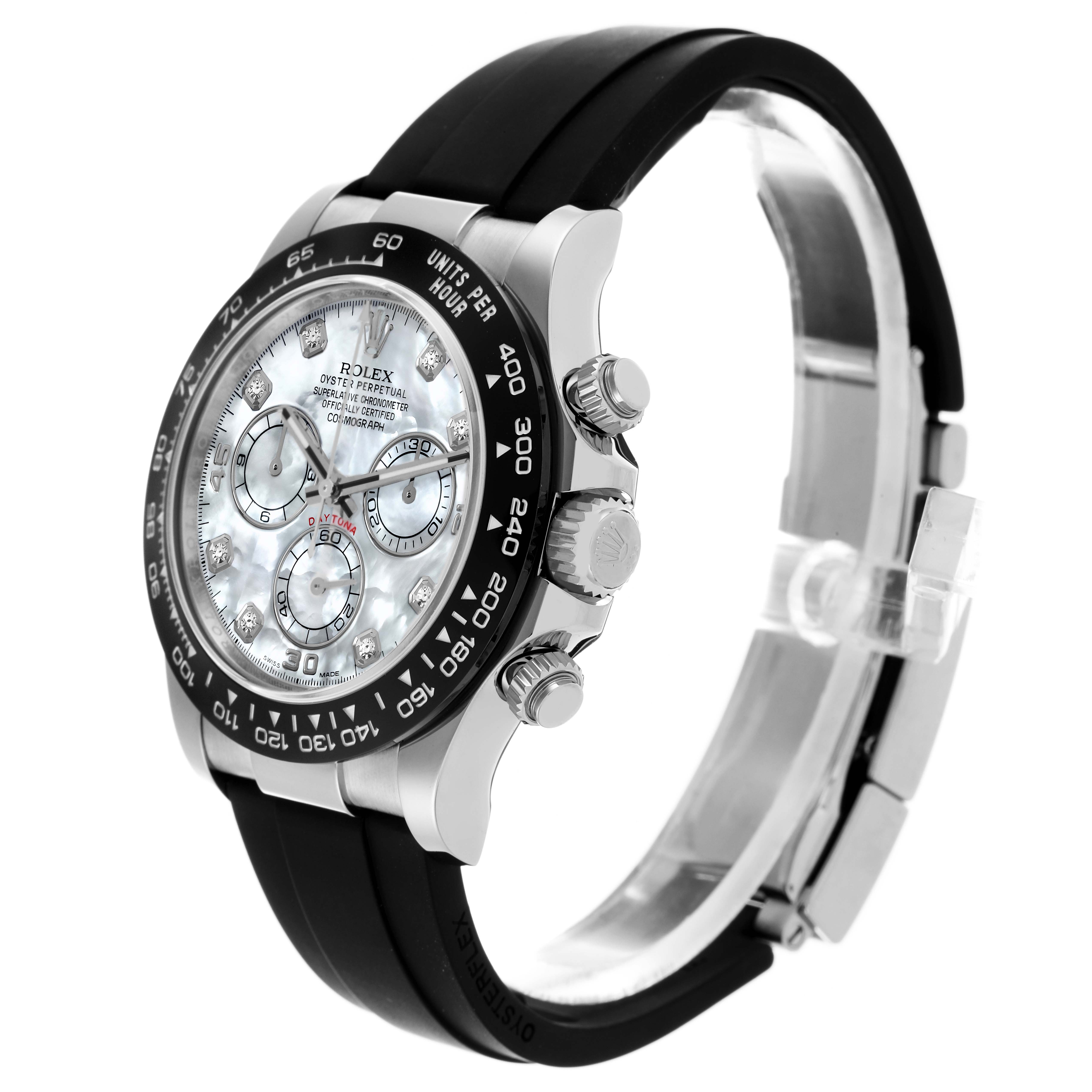 The Rolex Daytona 116519LN Men's White Gold Mother of Pearl Dial 116519LN Men's White Gold Mother of Pearl Dial watch is shown at a side angle, highlighting the face, bezel, crown, pushers, and strap.