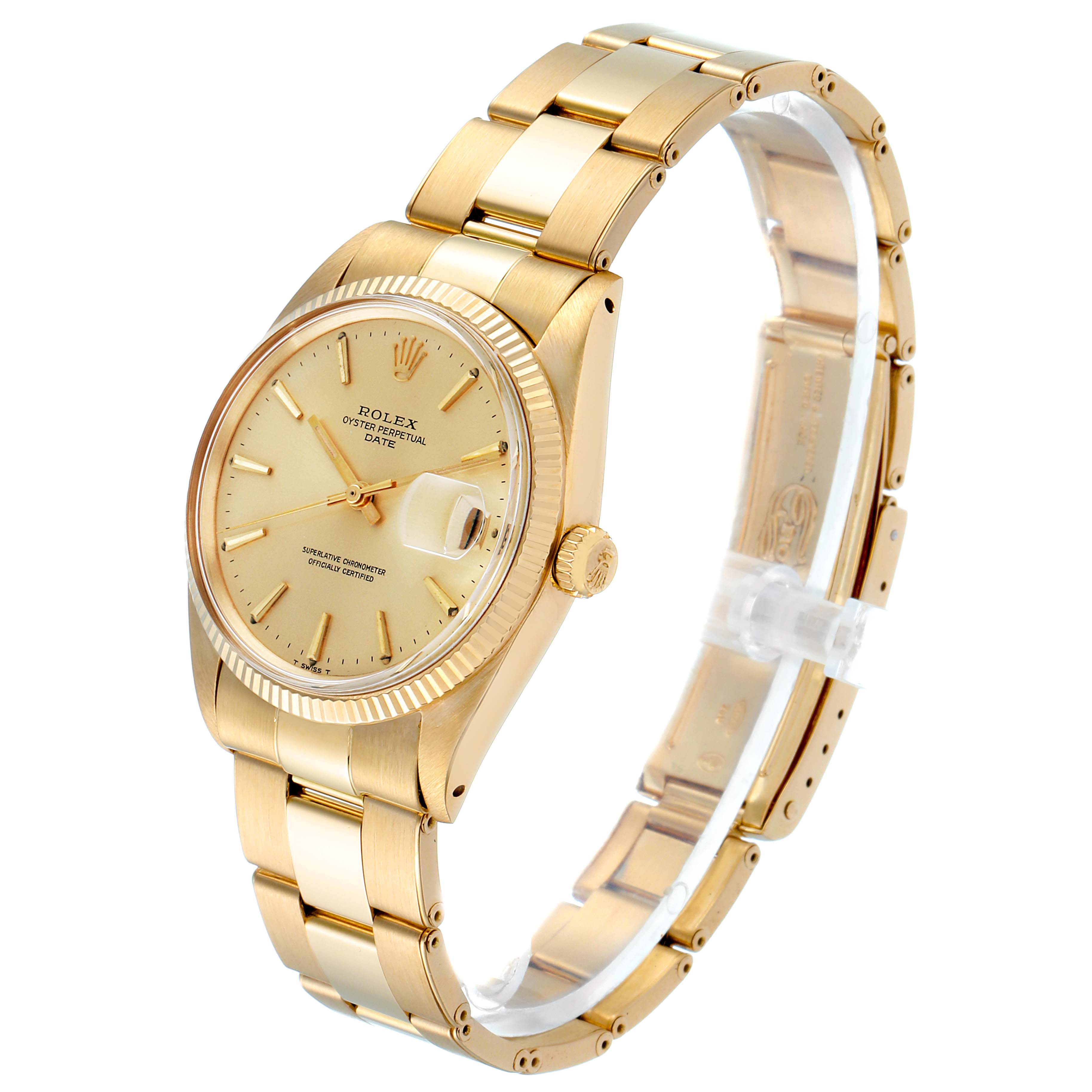 The Rolex President 1503 Men's Yellow Gold Champagne Dial 1503 Men's Yellow Gold Champagne Dial model watch is shown at an oblique angle, highlighting its gold case, bezel, dial, and bracelet.