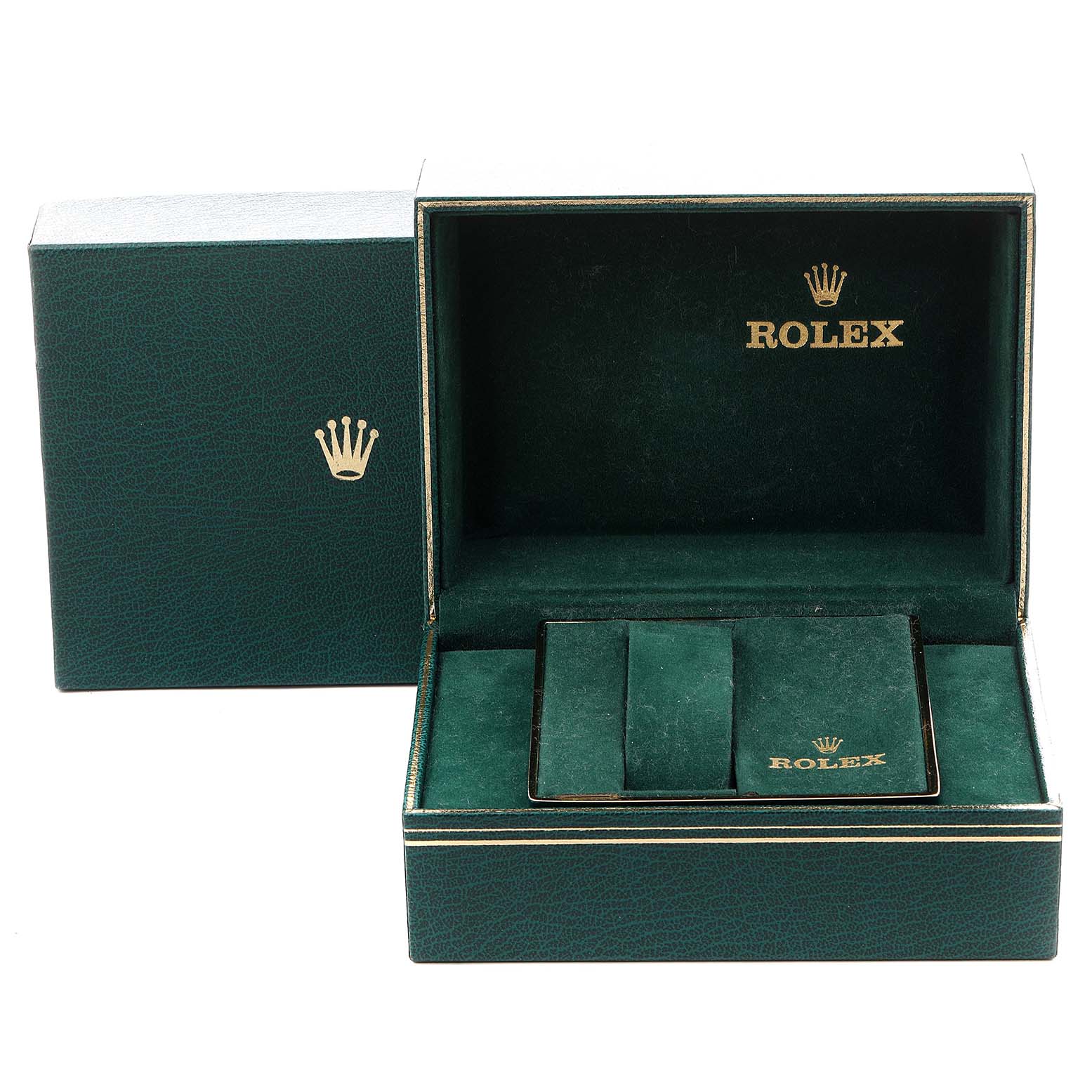 The image shows the open green box of the Rolex President 1503 Men's Yellow Gold Champagne Dial 1503 Men's Yellow Gold Champagne Dial model, displaying the interior and slots for the watch and accessories.