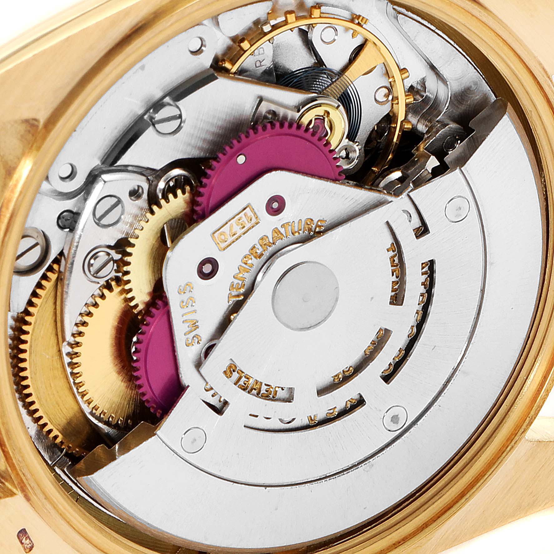 This close-up angle shows the intricate internal mechanics of the Rolex President 1503 Men's Yellow Gold Champagne Dial 1503 Men's Yellow Gold Champagne Dial model watch.