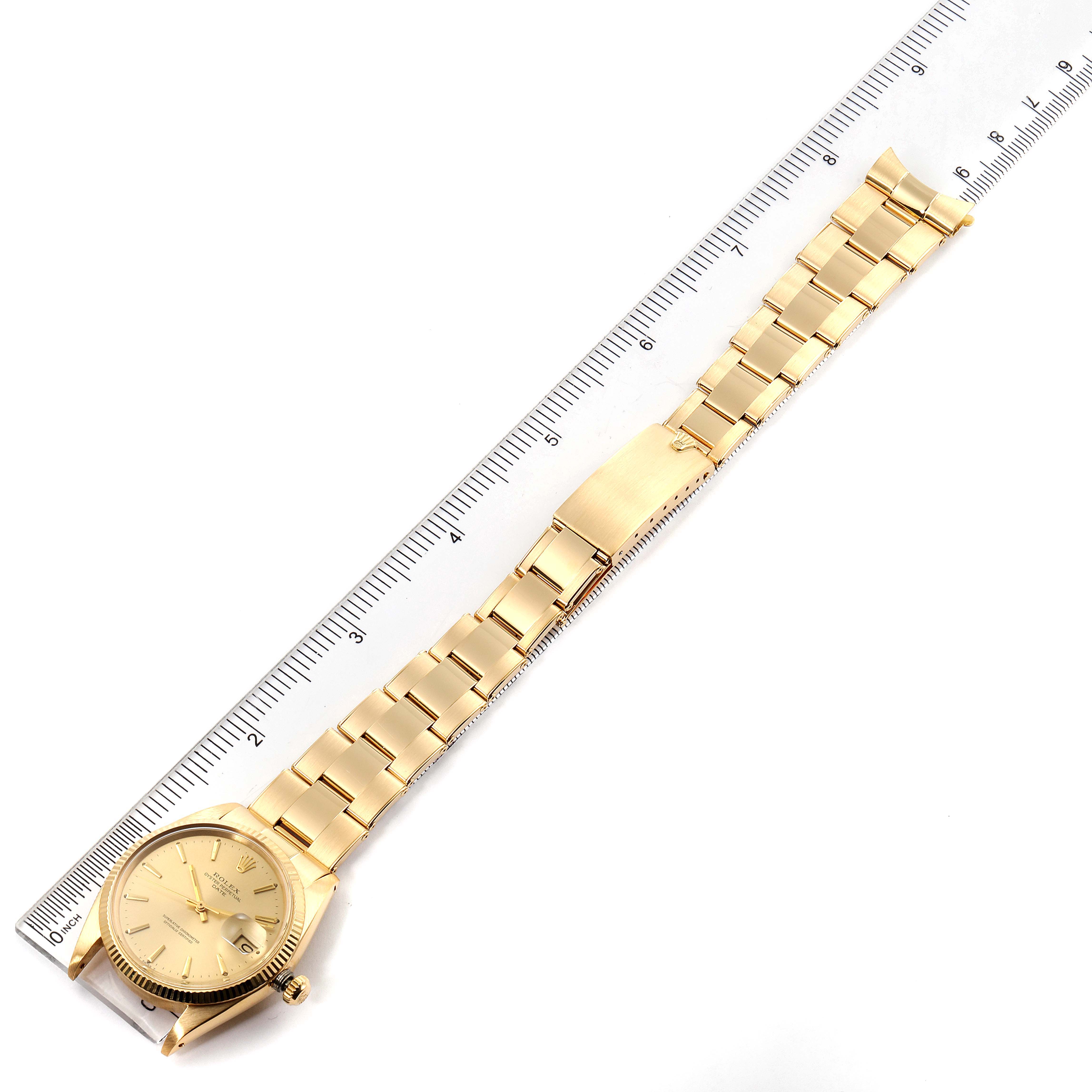 The image shows a Rolex President 1503 Men's Yellow Gold Champagne Dial 1503 Men's Yellow Gold Champagne Dial watch laid flat next to a ruler, displaying the full length and watch face.