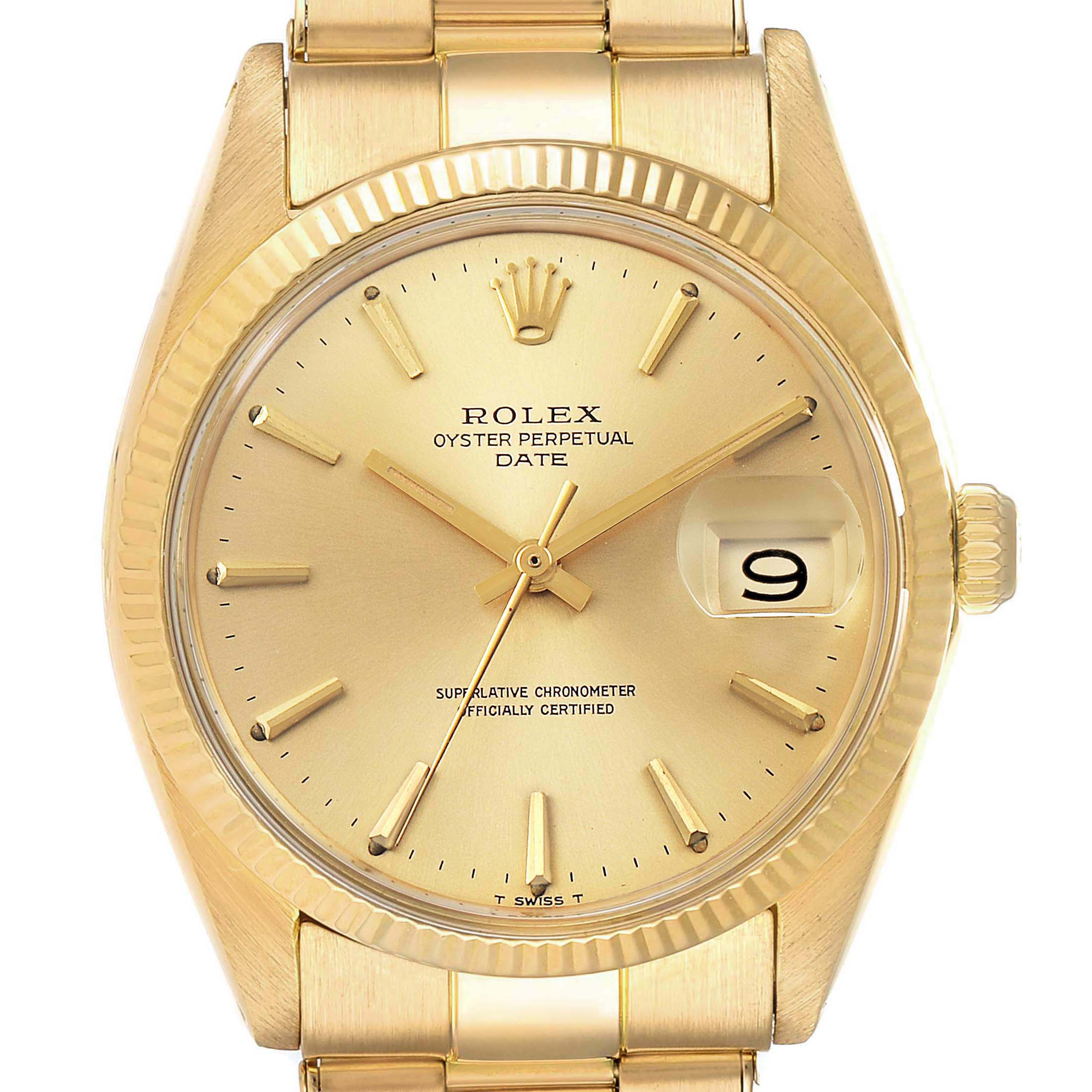 The Rolex President 1503 Men's Yellow Gold Champagne Dial 1503 Men's Yellow Gold Champagne Dial model watch is shown from the front, highlighting its dial, hands, date window, and bracelet.