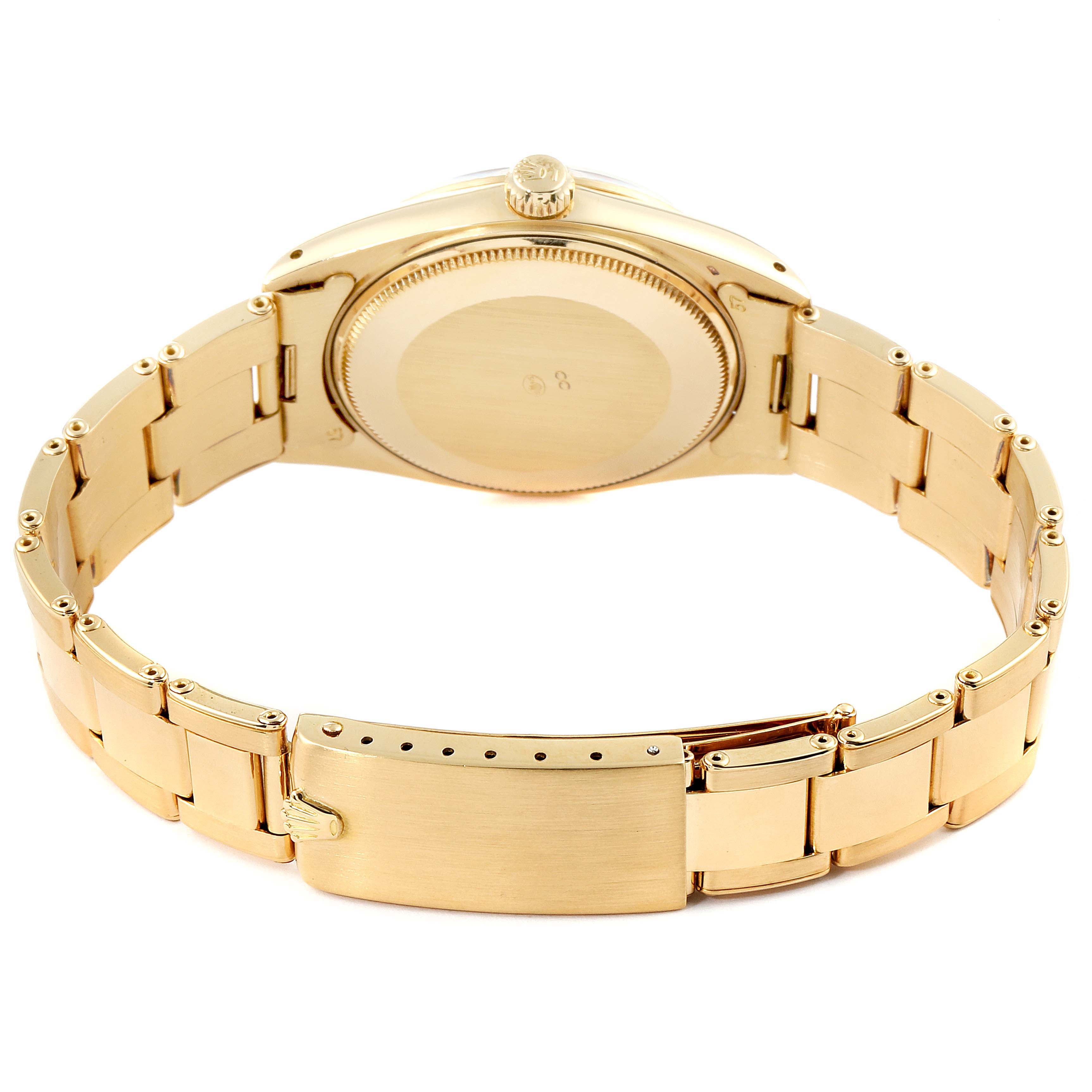 The image shows the back case and bracelet of a Rolex President 1503 Men's Yellow Gold Champagne Dial 1503 Men's Yellow Gold Champagne Dial model watch, viewed from the rear angle.