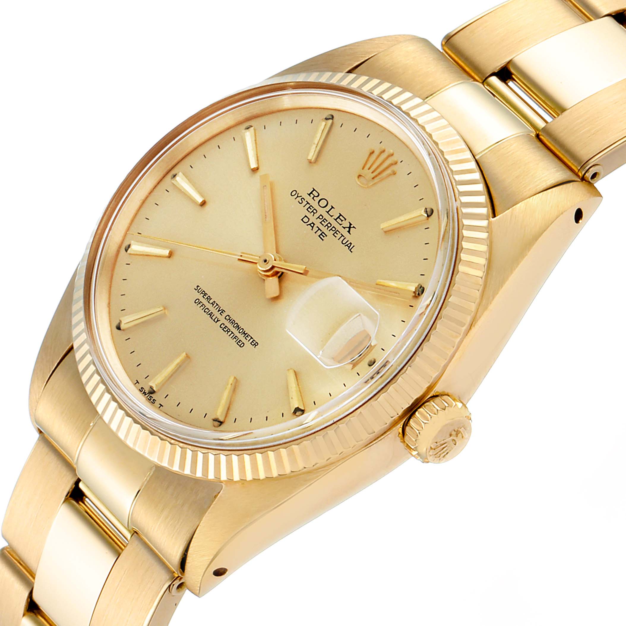 This image shows a close-up of the dial, crown, and bracelet of a Rolex Oyster Perpetual Date President model watch at an oblique angle.