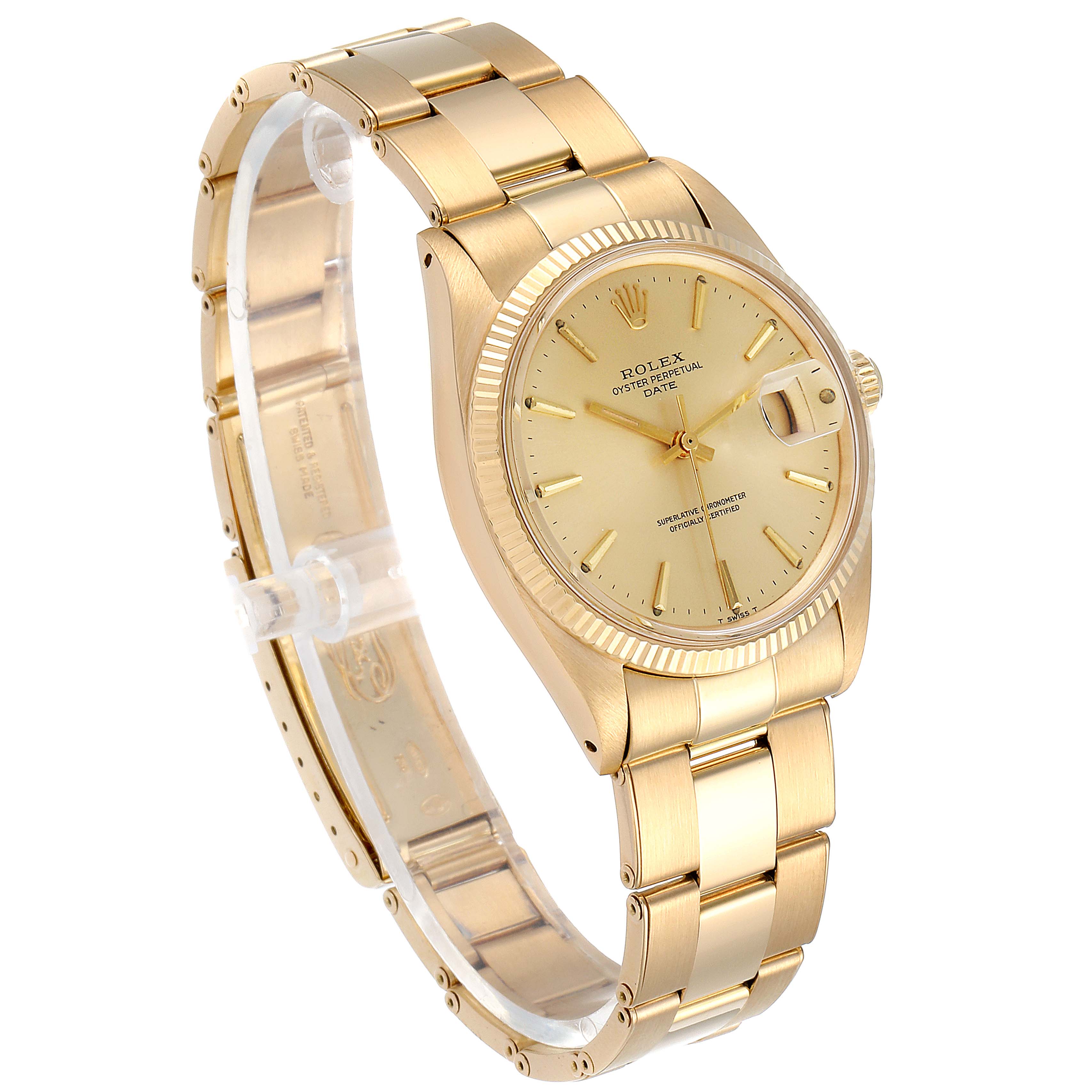 The Rolex President 1503 Men's Yellow Gold Champagne Dial 1503 Men's Yellow Gold Champagne Dial model watch is shown at a slight angle displaying its gold bracelet, dial, and date magnifier.