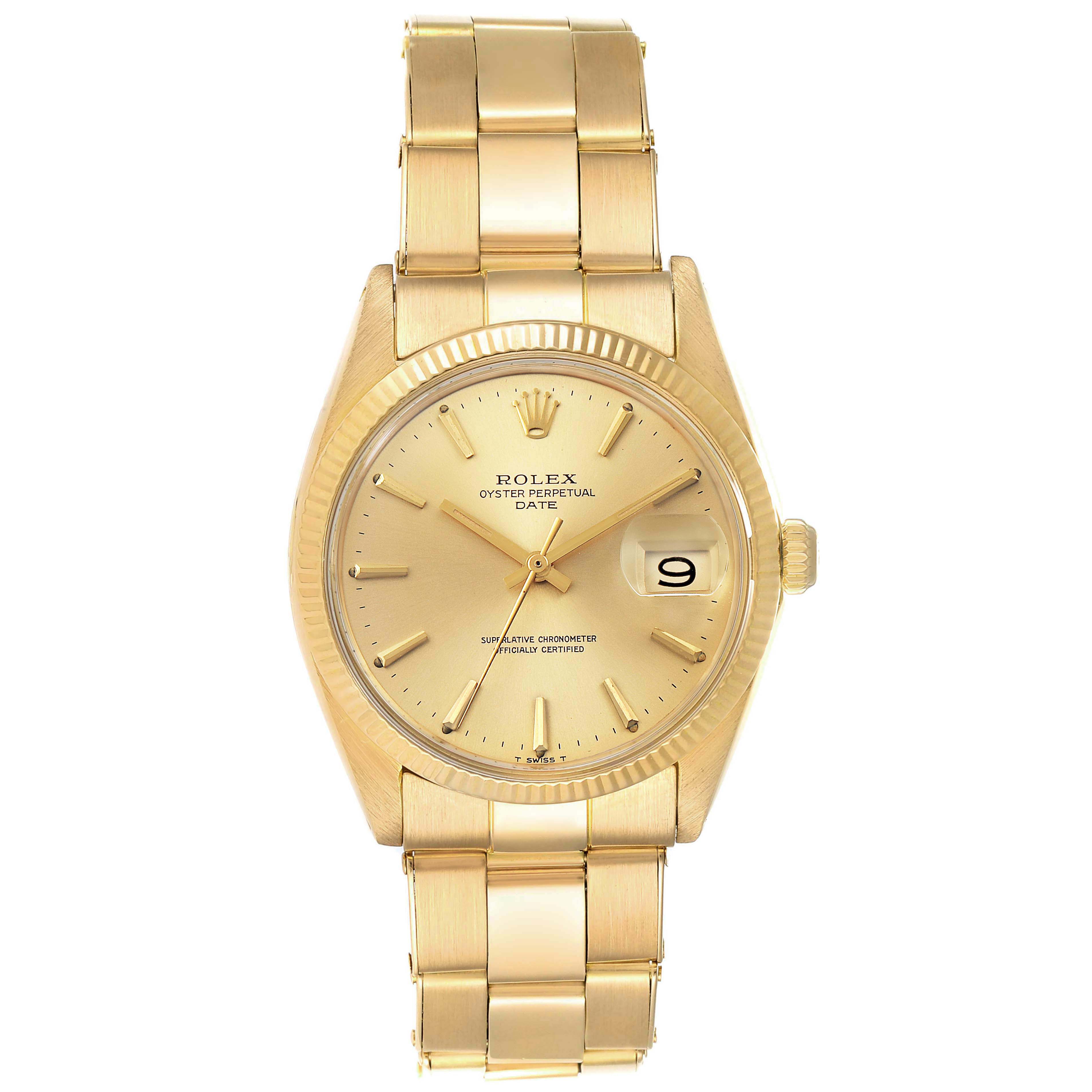 The image shows a front view of the Rolex President 1503 Men's Yellow Gold Champagne Dial 1503 Men's Yellow Gold Champagne Dial model watch, highlighting its dial, bezel, and bracelet.