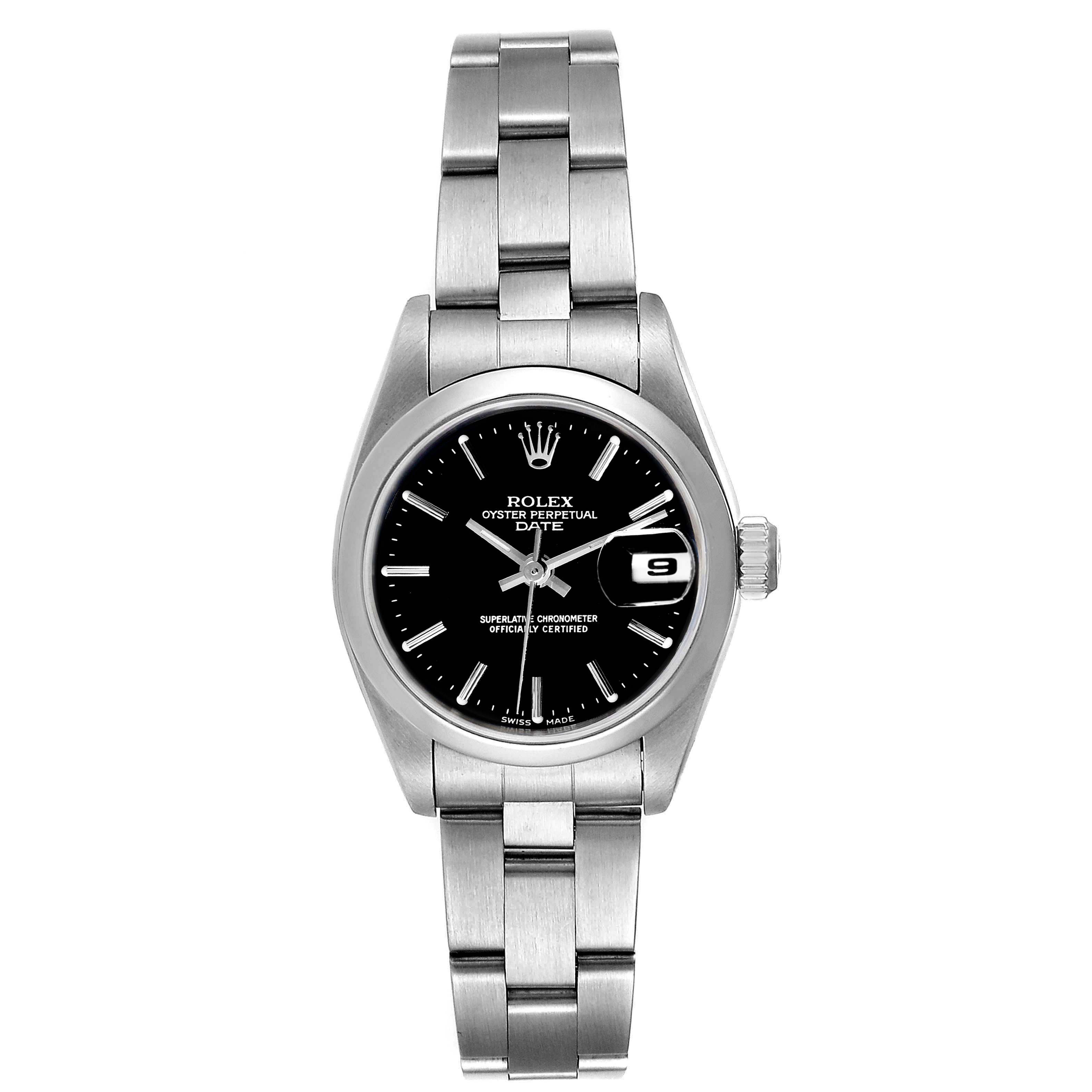 The Rolex Date 69160 Women's Stainless Steel Black Dial 69160 Women's Stainless Steel Black Dial watch is shown from a top-down angle featuring the dial, bracelet, and crown.