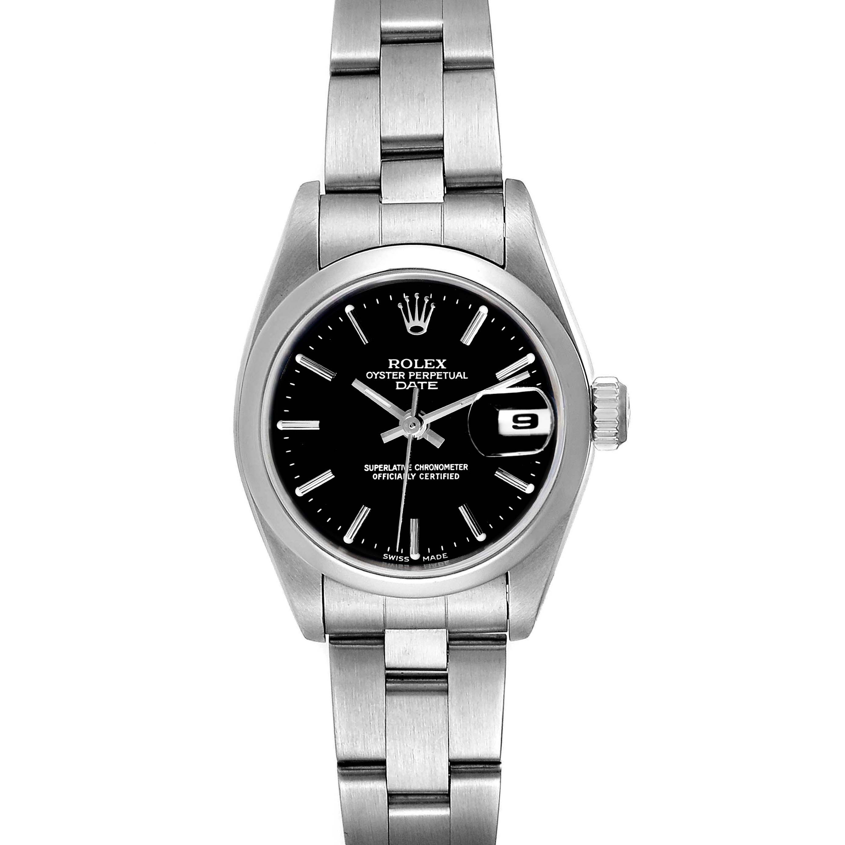 The image shows a front view of the Rolex Date 69160 Women's Stainless Steel Black Dial 69160 Women's Stainless Steel Black Dial model watch, showcasing the dial, hands, date window, and part of the bracelet.