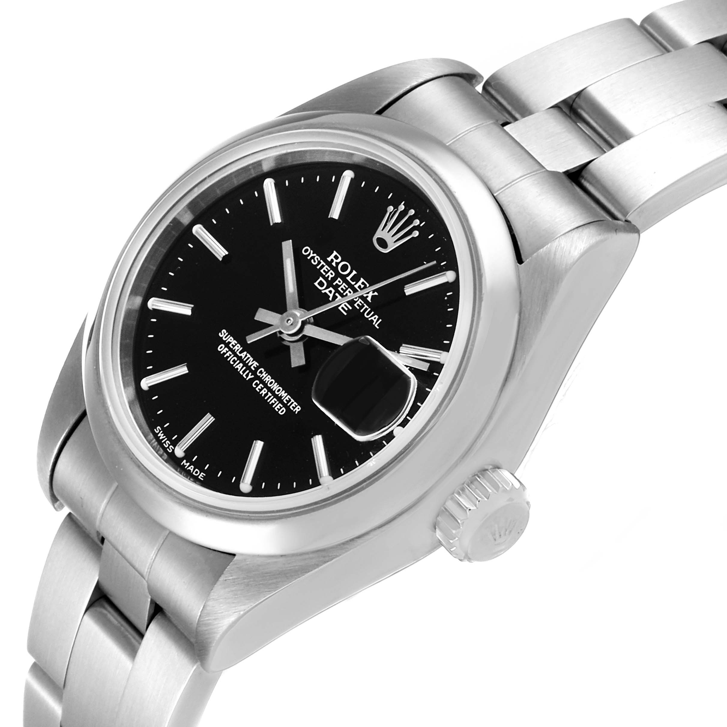 The image shows a Rolex Date 69160 Women's Stainless Steel Black Dial 69160 Women's Stainless Steel Black Dial model watch from an oblique angle, highlighting its black dial, crown, bezel, and part of the bracelet.