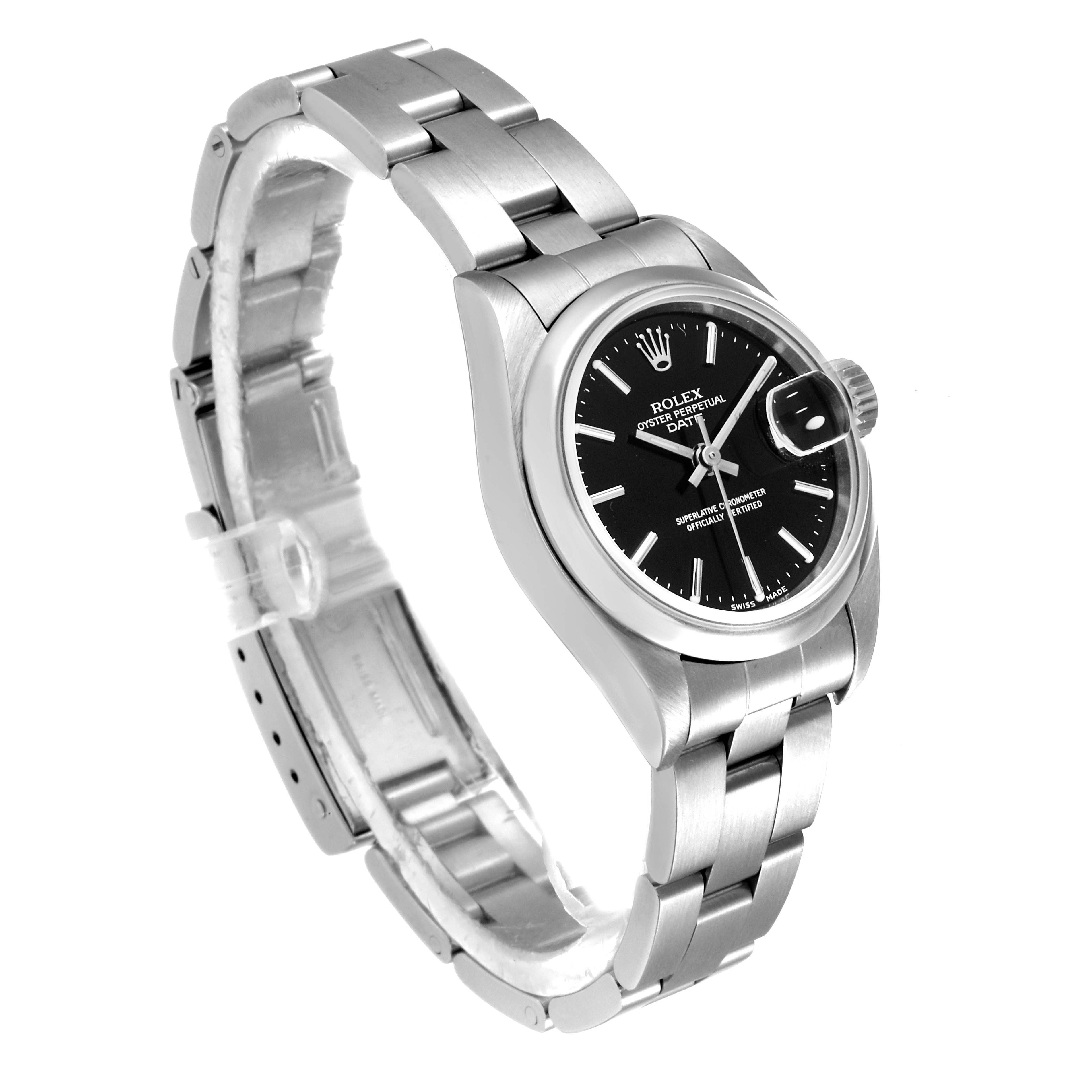 This image shows a Rolex Date 69160 Women's Stainless Steel Black Dial 69160 Women's Stainless Steel Black Dial model watch propped at an angle, highlighting its face, bezel, crown, and bracelet.