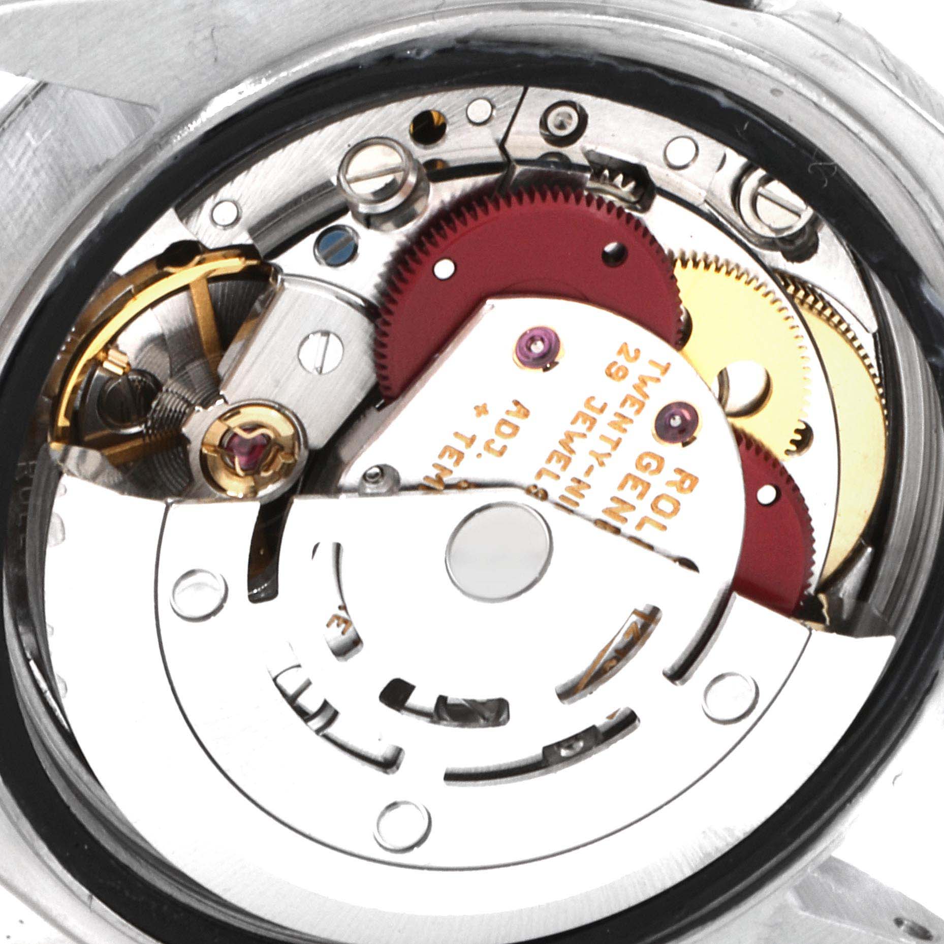 The image shows the internal mechanism of a Rolex Date 69160 Women's Stainless Steel Silver Dial 69160 Women's Stainless Steel Silver Dial model watch focusing on the movement components.