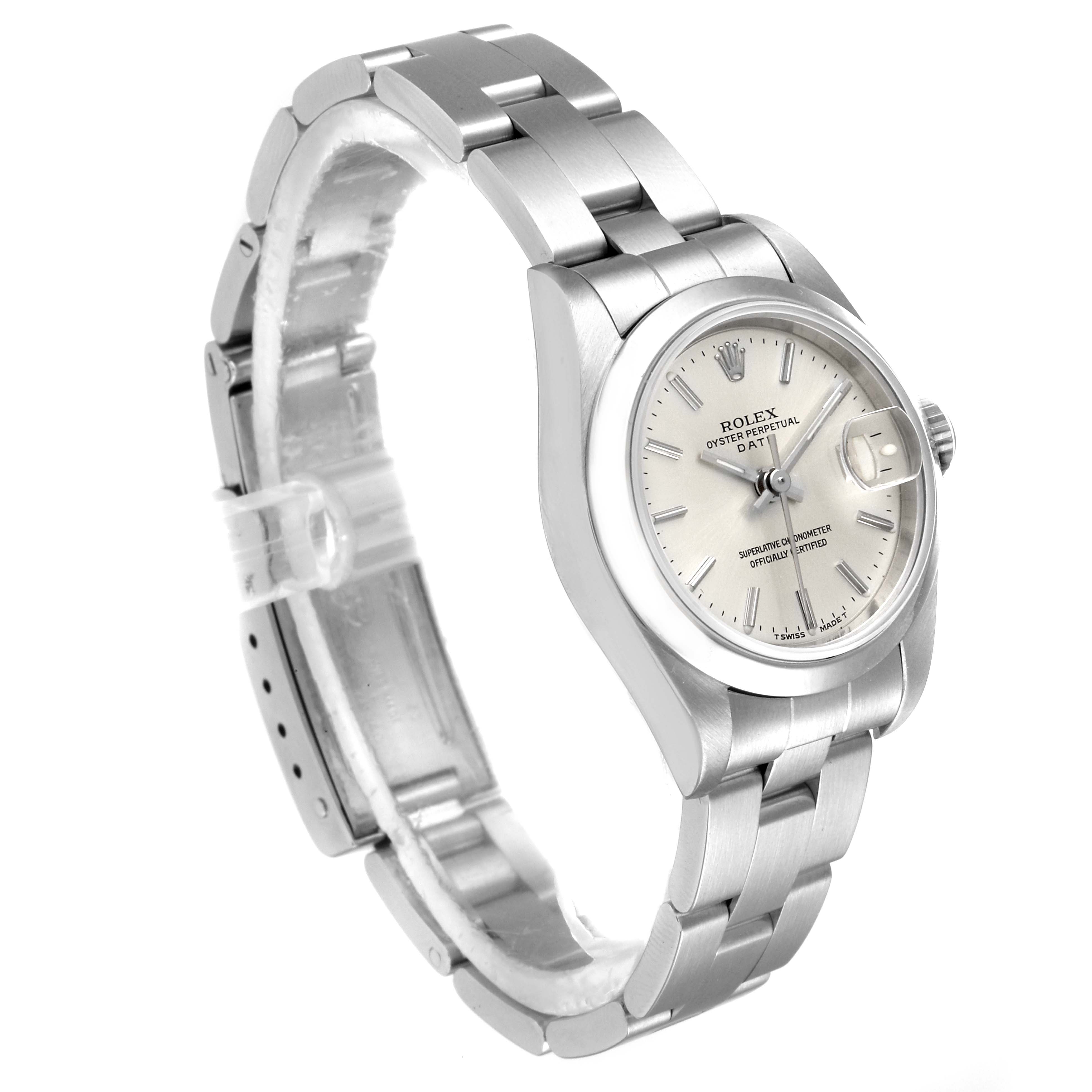 The image shows a Rolex Date 69160 Women's Stainless Steel Silver Dial 69160 Women's Stainless Steel Silver Dial model watch angled to display its face, bezel, and bracelet.