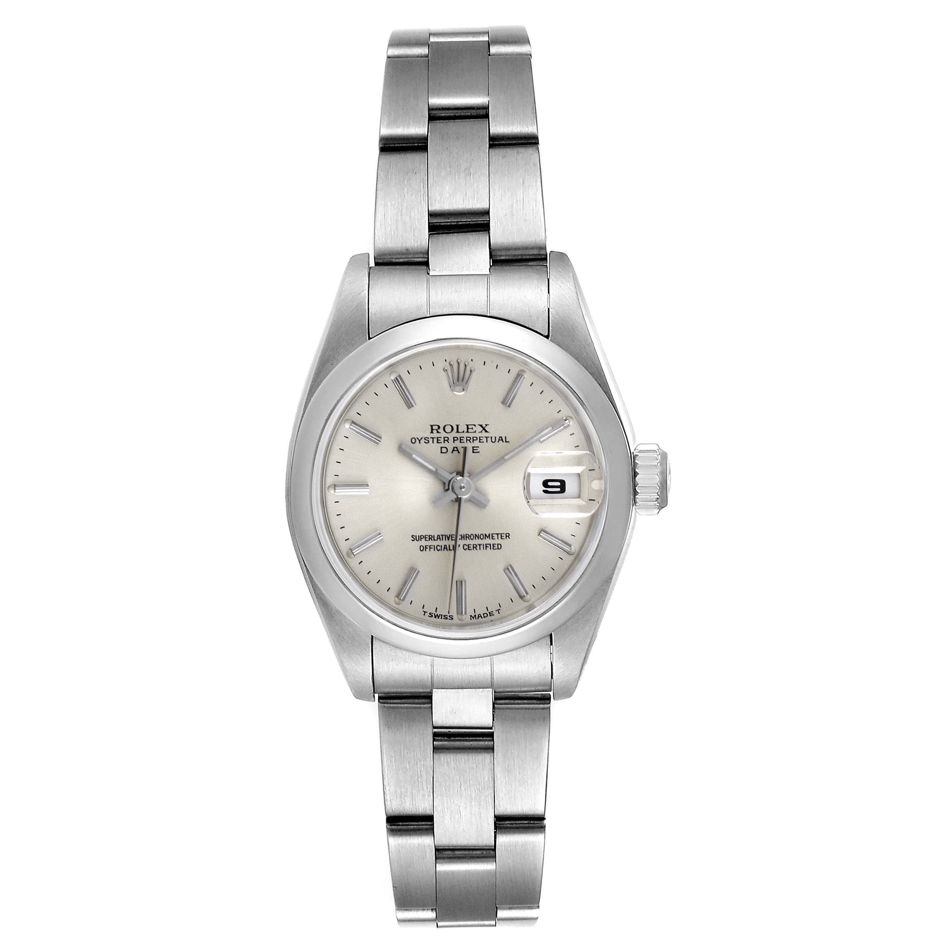 The image shows a front view of a Rolex Oyster Perpetual Date watch with its face, bezel, and bracelet clearly visible.