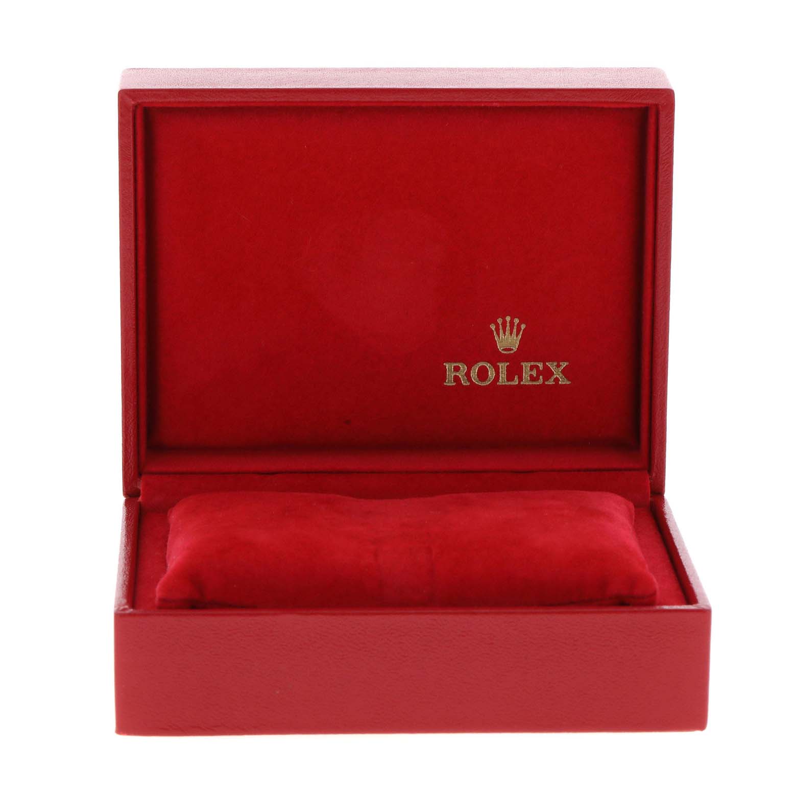 The image shows an open Rolex Date 69160 Women's Stainless Steel Silver Dial 69160 Women's Stainless Steel Silver Dial model watch box in red, with a cushion inside.