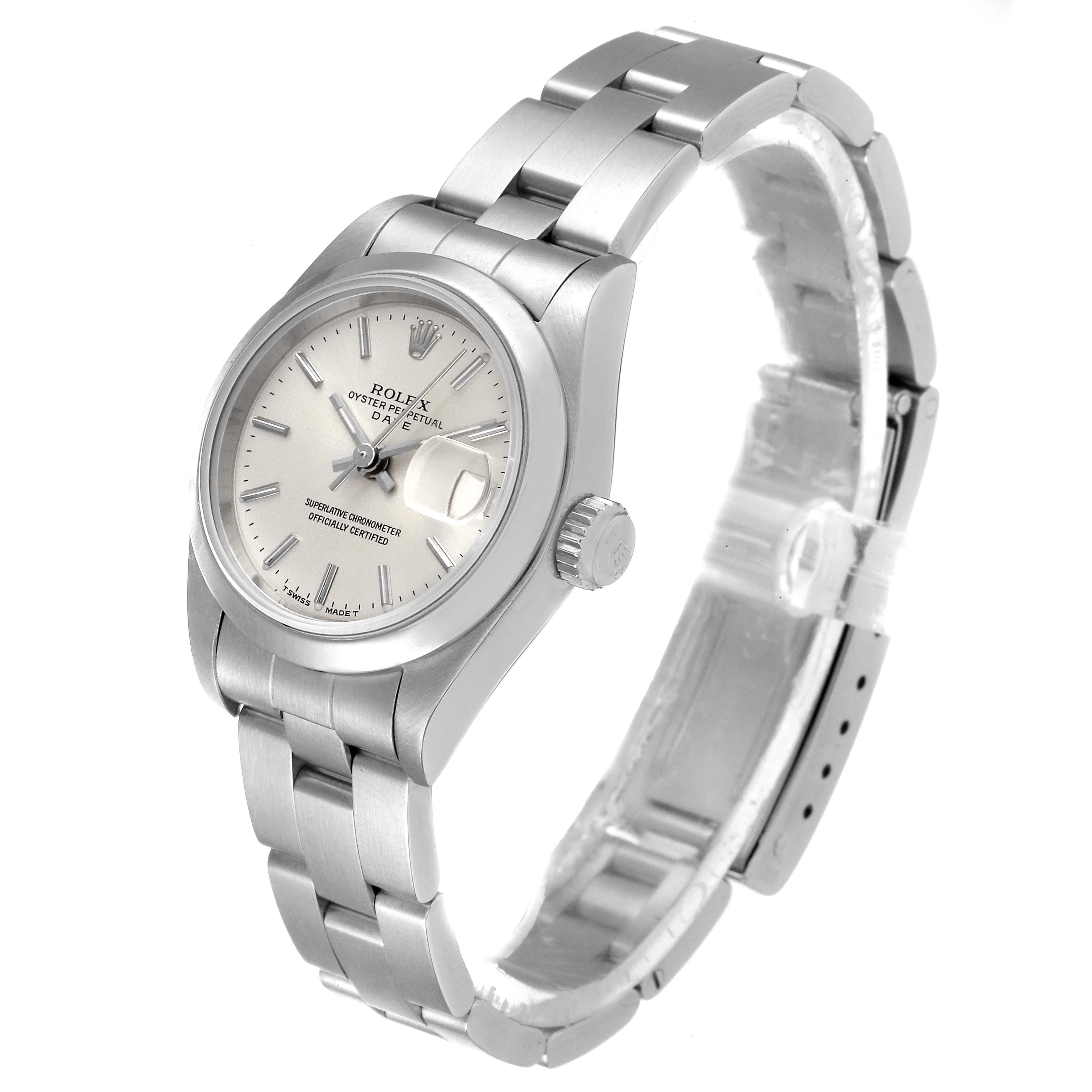 The image shows a Rolex Date 69160 Women's Stainless Steel Silver Dial 69160 Women's Stainless Steel Silver Dial model watch at a three-quarter angle, displaying the face, bezel, crown, and stainless steel bracelet.
